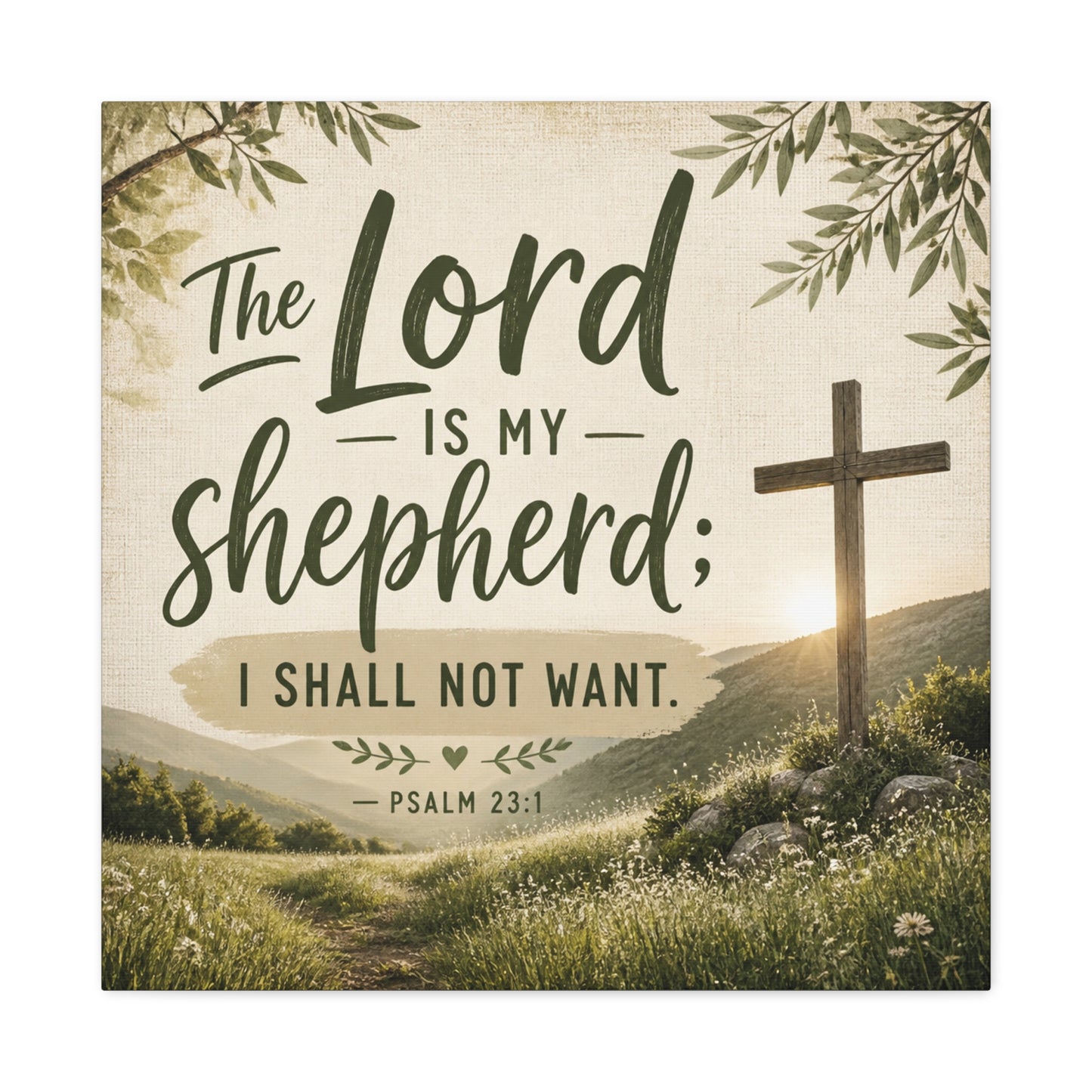 "The Lord Is My Shepherd, I Shall Not Want. - Psalm 23:1" Christian Canvas Wall Art - Rustic Cross Meadow Landscape, Farmhouse Scripture Decor, Bedroom Living Room Wall Hanging - Ready to Hang
