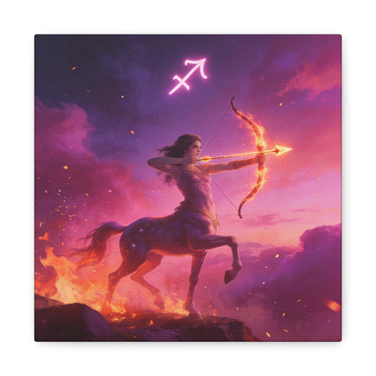 Sagittarius Centaur Archer Canvas Wall Art - Zodiac Fantasy Fire Bow Illustration - Purple Pink Matte Canvas Print - Bedroom Home Decoration, Living Room Wall Decor, Celestial Decor - Ready to Hang