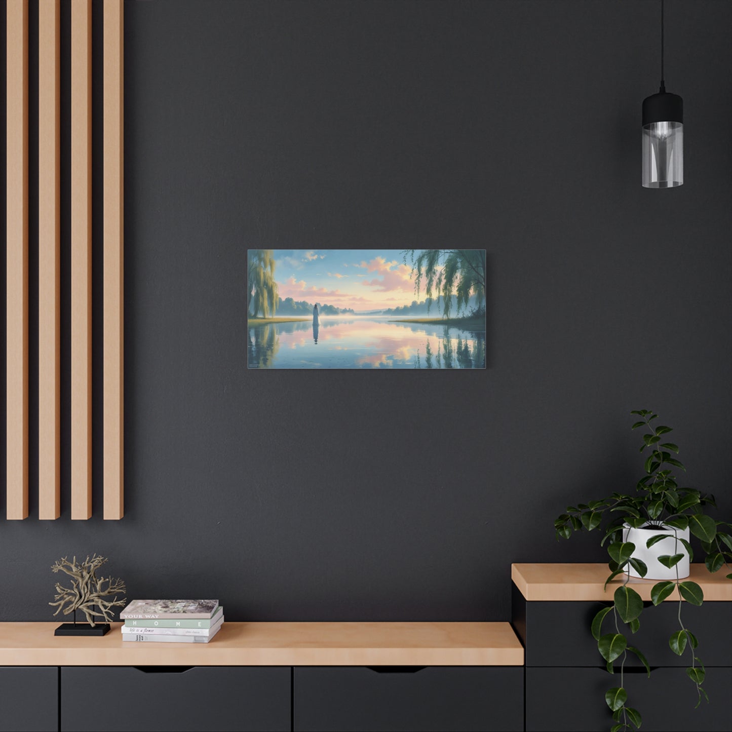 Woman In White By Misty Lake Canvas Wall Art - Pastel Sunrise Waterscape, Willow Trees Reflection - Matte Cotton Print - Contemporary Landscape Decor For Living Room Bedroom Office - Office Wall Art