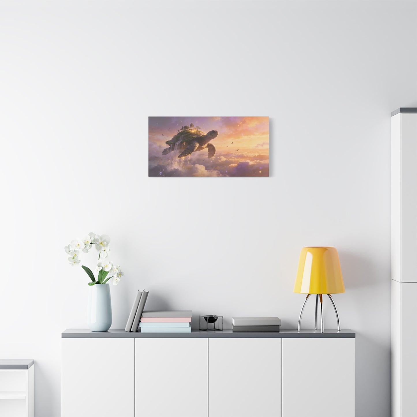 Flying Sea Turtle Canvas Wall Art - Fantasy Sky Island, Waterfall Clouds, Dreamy Surreal Canvas Print - Contemporary Celestial Style - Living Room Wall Decor, Bedroom Home Accent - Ready to Hang