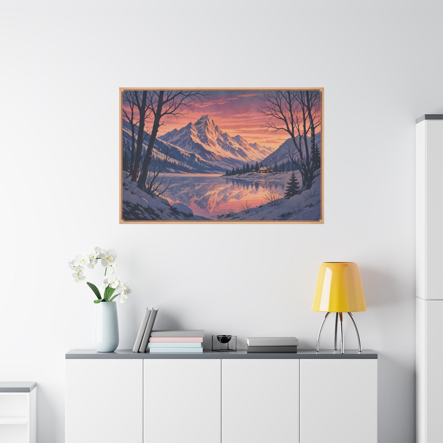 Snowy Mountain Lake Canvas Wall Art - Alpine Sunset Reflection Landscape Print, Rustic Winter Home Decor, Matte Finish Scenic Artwork For Living Room, Bedroom, Cabin Retreat - Living Room Wall Decor