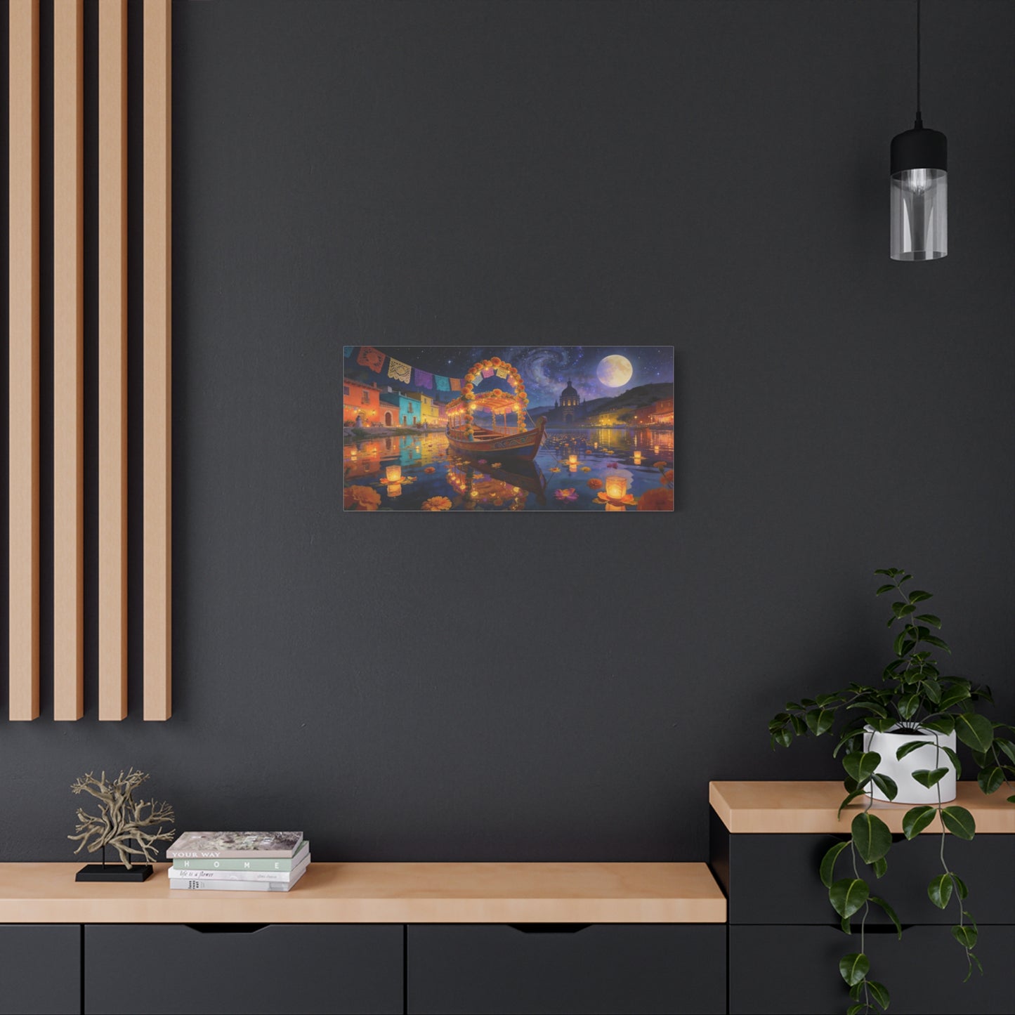 Moonlit Marigold Boat Canvas Wall Art - Colorful Festival Lake Scene, Full Moon Night Sky - Matte Cotton Art Print - Bohemian Living Room Wall Decor, Bedroom Home Decoration - Bedroom Home Decoration