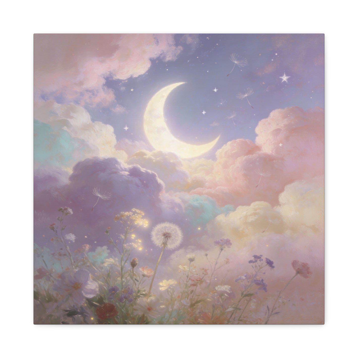 Crescent Moon Canvas Art Print - Dreamy Pastel Clouds, Dandelion Sky, Celestial Floral Scene - Cotton Matte Artwork - Lavender Nursery Accent, Bedroom Decoration, Meditation Space Decor