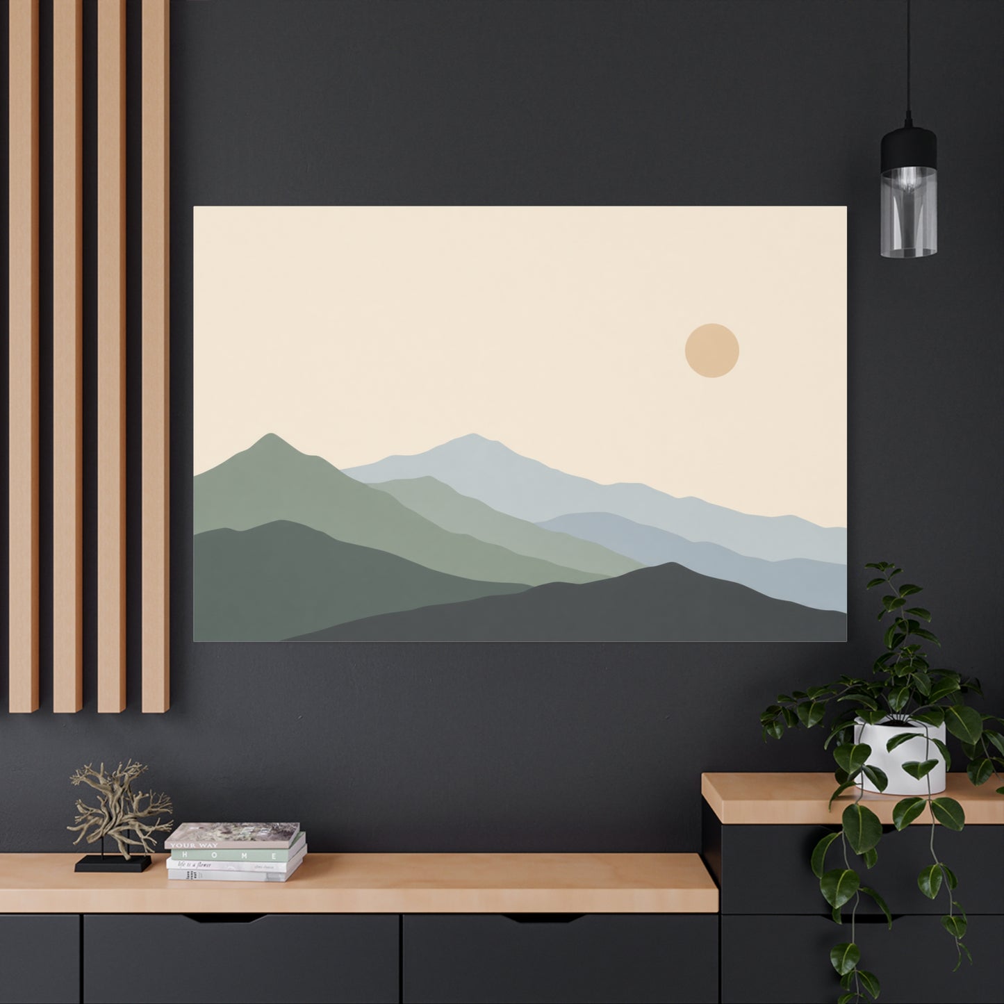 Minimalist Mountain Landscape Canvas Wall Art - Layered Blue Green Hills, Soft Sun - Contemporary Nature Print, Living Room Wall Decor, Bedroom Home Decoration, Office Art - Bedroom Home Decoration