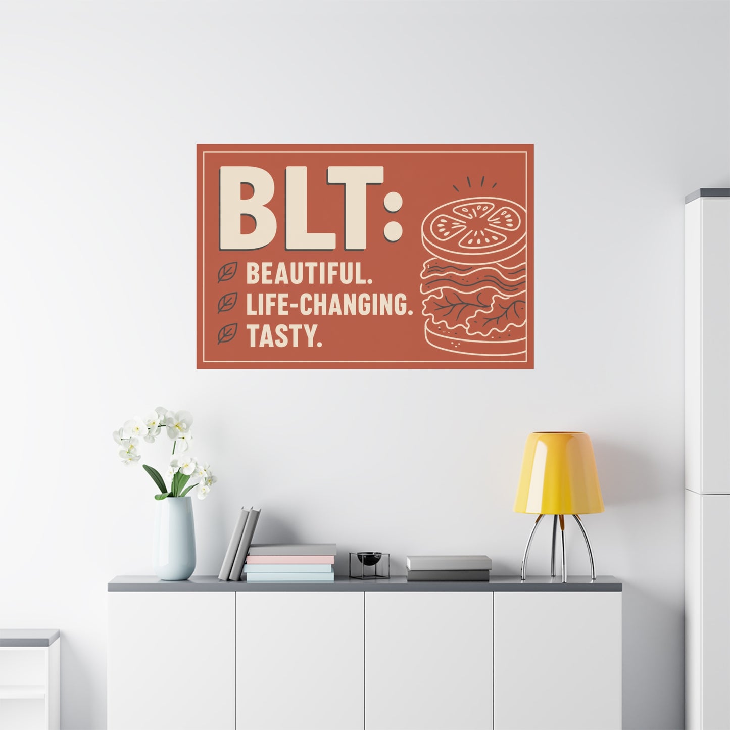 "BLT: Beautiful. Life-Changing. Tasty." Canvas Wall Art - Retro Sandwich Decor - Typography Food Illustration - Modern Farmhouse Style - Deli Wall Decor - Sandwich Shop Sign - Gallery Wrapped Canvas