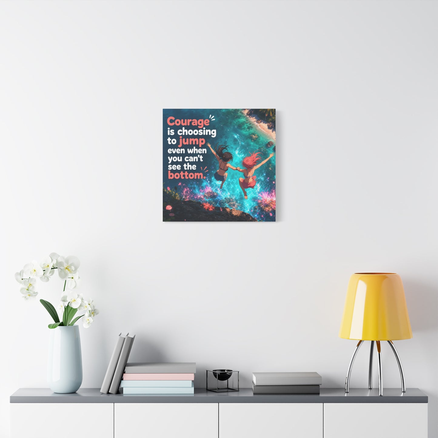"Courage Is Choosing To Jump Even When You Can't See The Bottom" Canvas Wall Art - Coastal Quote Illustration, Inspirational Ocean Cliff Scene, Bedroom Wall Decor, Teen Space Accent - Ready to Hang