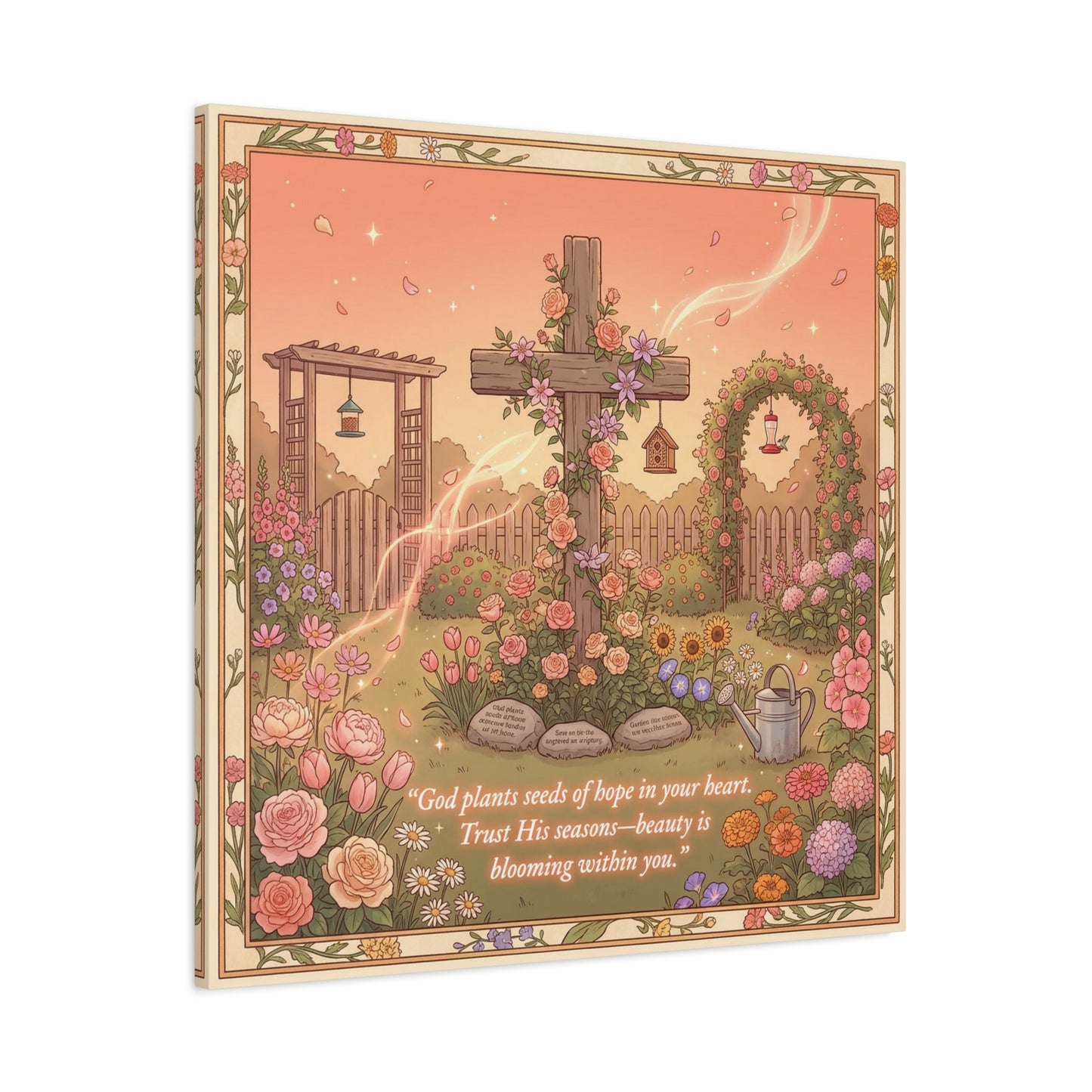 "God Plants Seeds Of Hope In Your Heart" Christian Canvas Wall Art - Floral Cross Garden Scripture Print, Matte Cotton Decor - Inspirational Bedroom Home Decoration, Living Room Accent - Ready to Hang