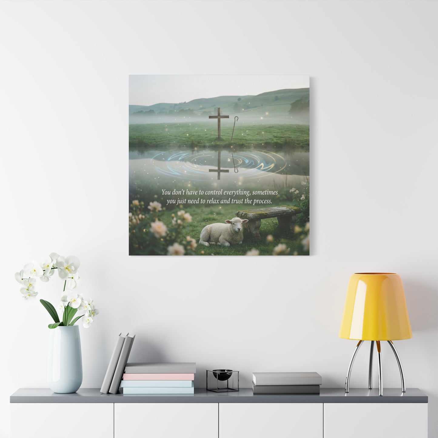 "You Don’t Have To Control Everything, Sometimes You Just Need To Relax And Trust The Process" Canvas Wall Art - Christian Cross, Lamb Meadow Scene - Inspirational Farmhouse Decor - Office Wall Art