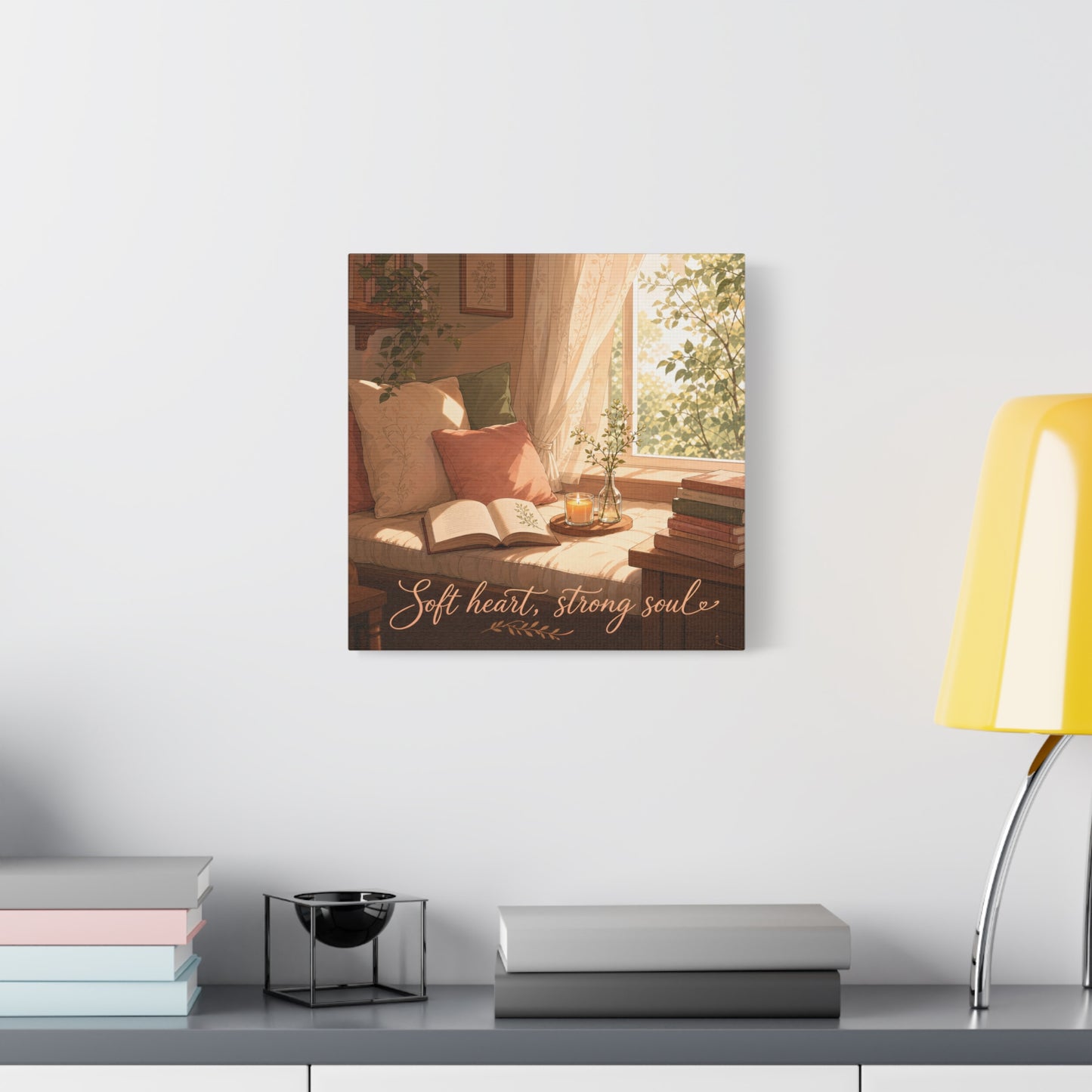 "Soft Heart, Strong Soul" Reading Nook Canvas Wall Art - Sunlit Window Seat, Books, Candle, Botanical Bedroom Decor - Cozy Cottagecore Style - Living Room Wall Decor - Bedroom Home Decoration