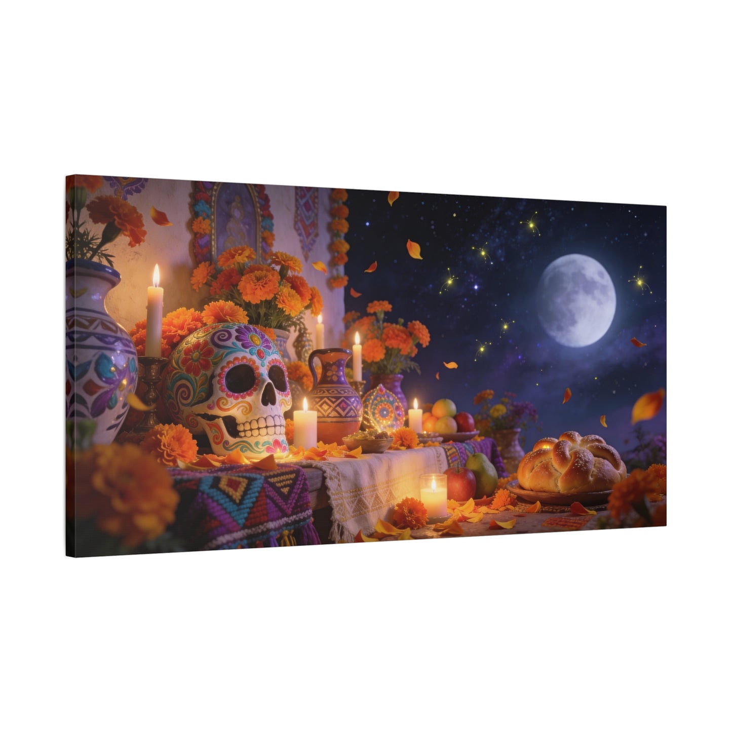 Day Of The Dead Altar Canvas Wall Art - Sugar Skull, Marigolds, Candles, Full Moon - Traditional Folk Style - Living Room Wall Decor, Dining Room Accent, Bedroom Home Decoration - Ready to Hang
