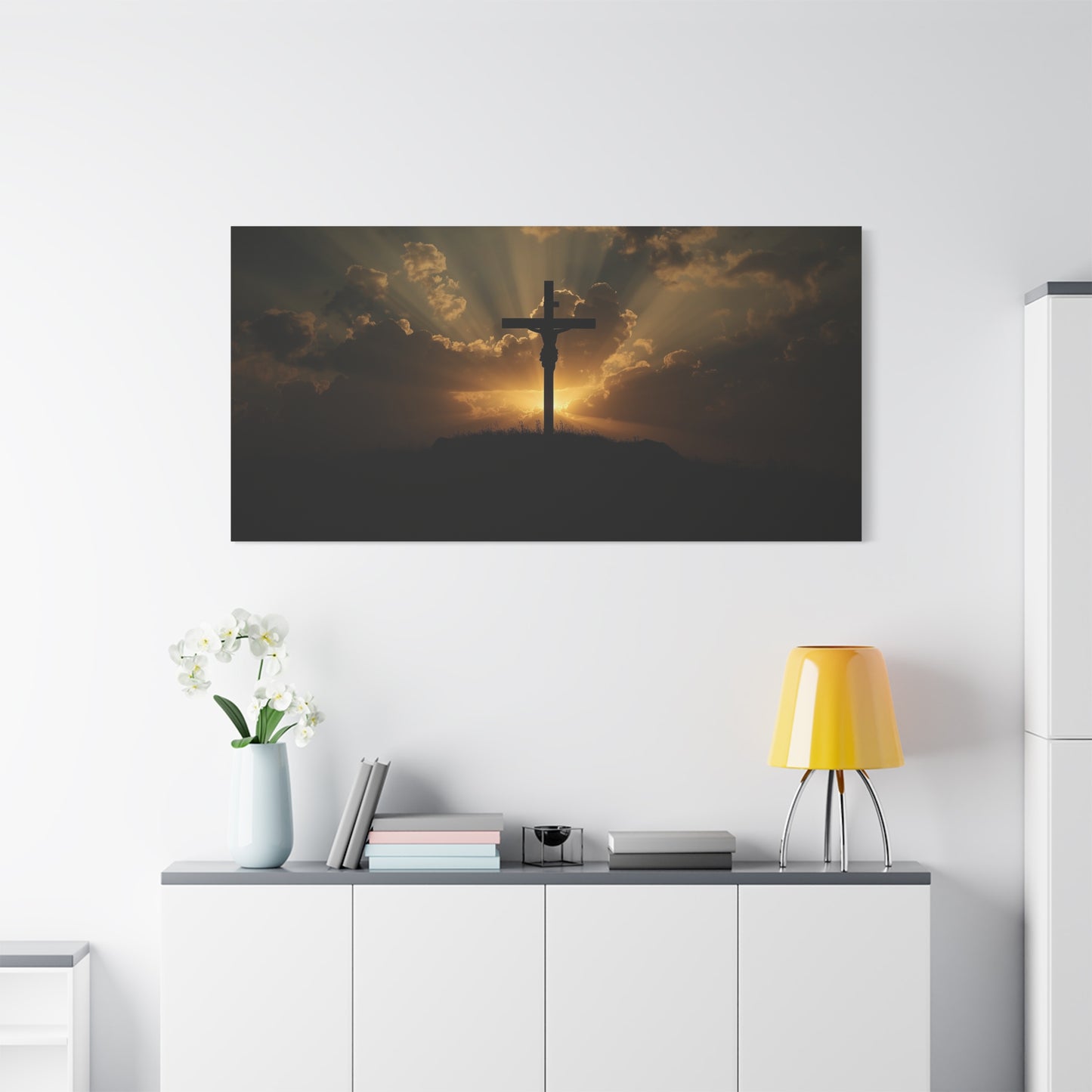 Jesus Christ Crucifix Canvas Wall Art - Sunset Cross Silhouette, Golden Sky Rays - Matte Cotton Print - Religious Christian Decor For Living Room, Bedroom, Office Wall Display - Modern Farmhouse Style