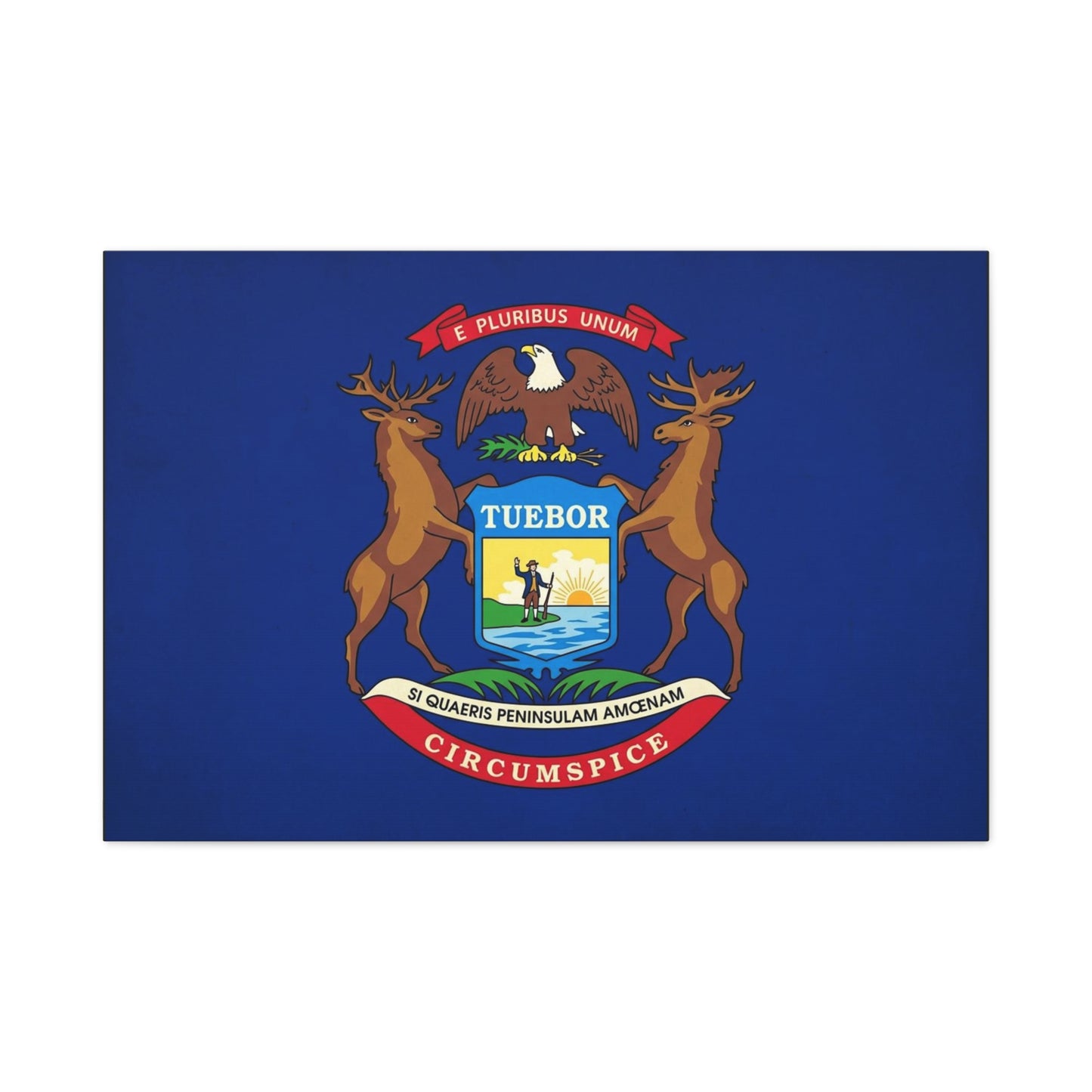 "E Pluribus Unum" Michigan State Flag Canvas Wall Art - Blue Crest With Elk Eagle And "Tuebor" - Vintage Heraldic Decor, Living Room Wall Decor, Office Art - Bedroom Home Decoration - Ready to Hang
