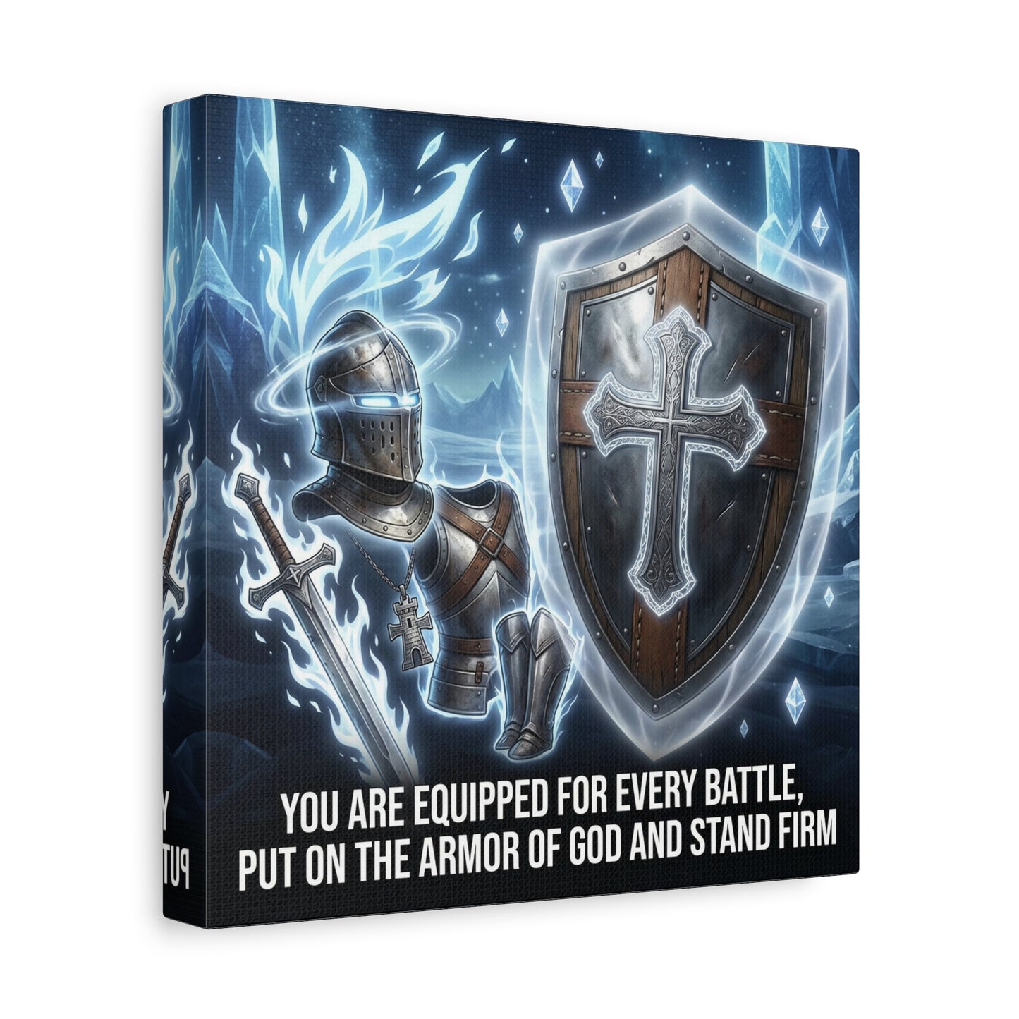 "You Are Equipped For Every Battle, Put On The Armor Of God And Stand Firm" Christian Canvas Wall Art - Knight Armor, Cross Shield, Scripture Decor - Blue Fantasy Style - Living Room - Office Wall Art