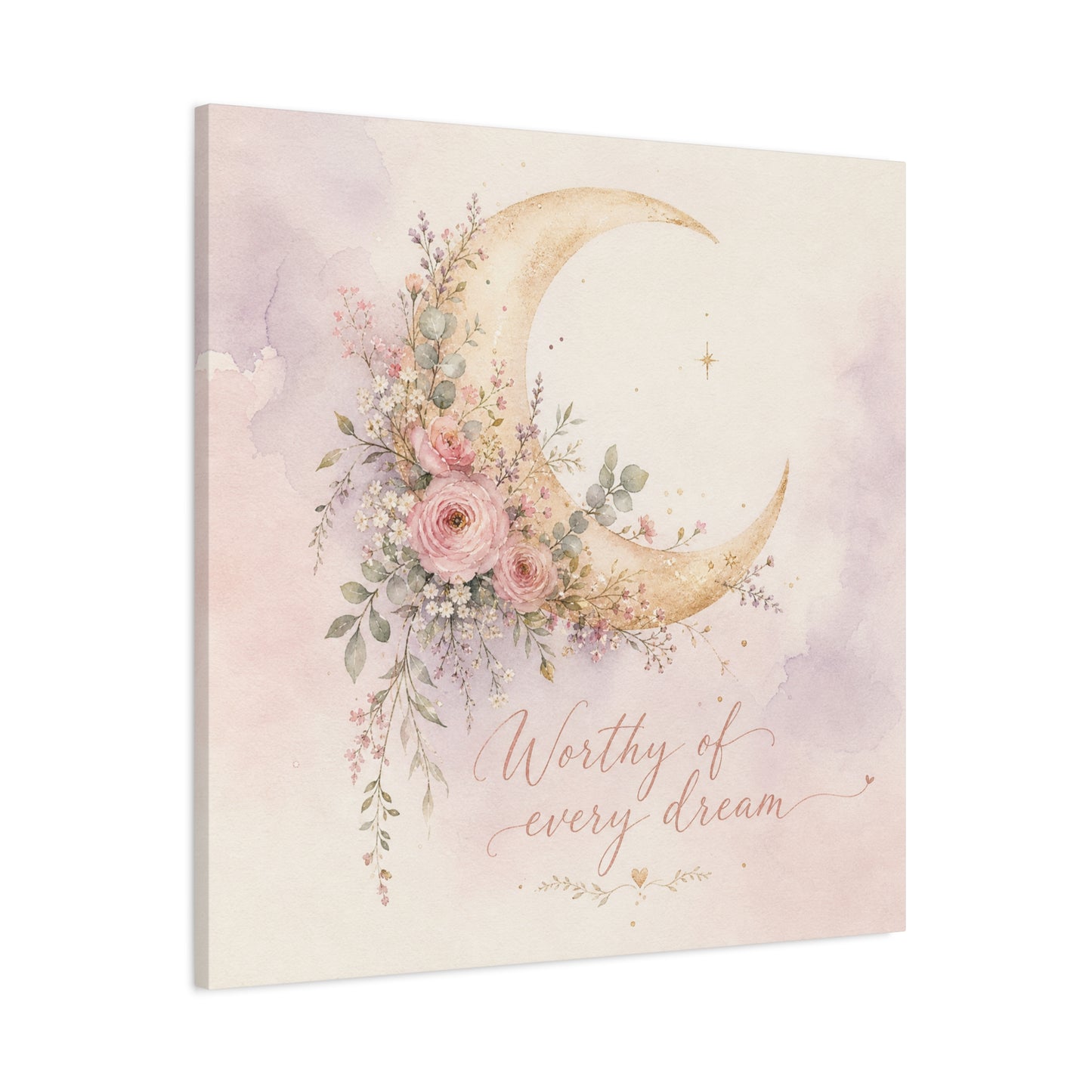 "Worthy Of Every Dream" Moon Canvas Wall Art - Floral Crescent, Inspirational Blush Gold Watercolor - Bohemian Bedroom Wall Decor - Nursery Home Decoration - Bedroom Home Decoration - Ready to Hang