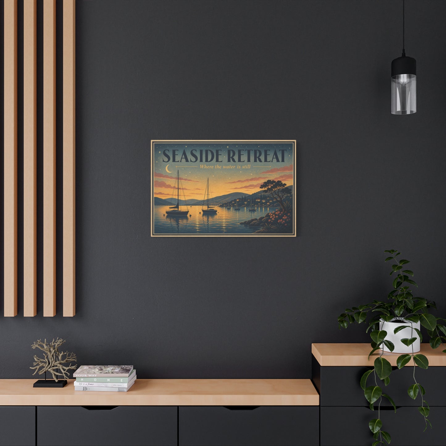 "Seaside Retreat Where The Water Is Still" Coastal Canvas Wall Art - Vintage Sailboat Harbor Sunset Print, Nautical Seascape Decor - Living Room Bedroom Wall Decor - Ready to Hang - Ready to Hang