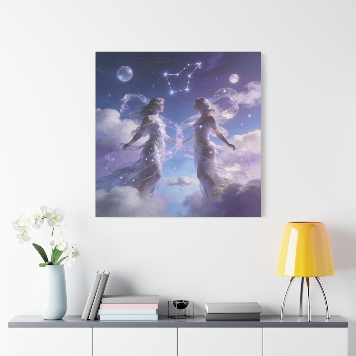 Gemini Zodiac Canvas Wall Art - Celestial Twin Women Under Constellation, Dreamy Fantasy Sky Scene - Matte Cotton Art Print - Bedroom Wall Decor, Meditation Space Accent - Bedroom Home Decoration