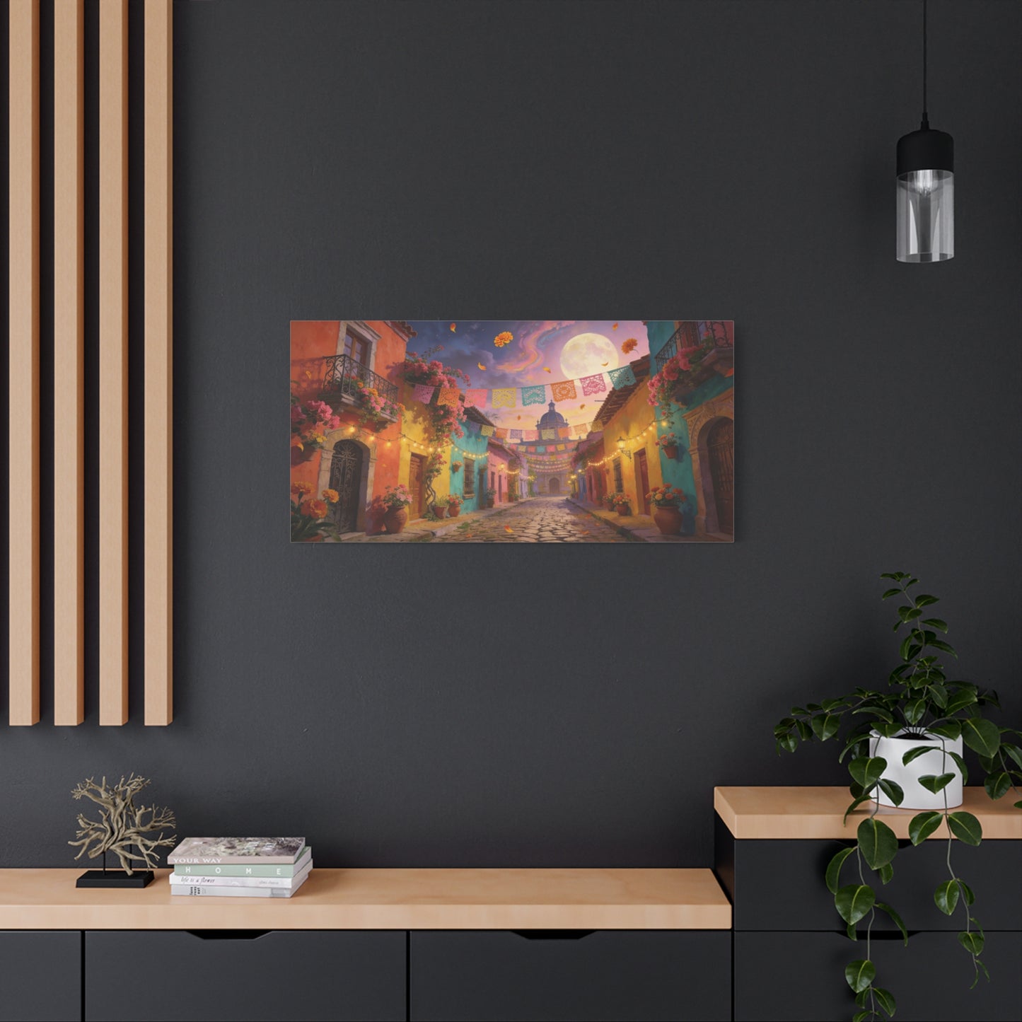 Moonlit Colorful Colonial Street Canvas Wall Art - Papel Picado, Marigolds, Full Moon - Dreamy Matte Canvas Print - Living Room Wall Decor, Bedroom Home Decoration - Bedroom Home Decoration
