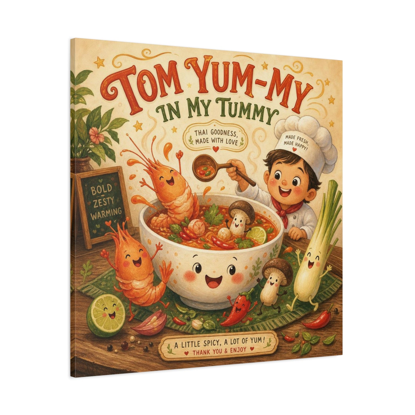 "Tom Yum-My In My Tummy" Canvas Wall Art - Cute Thai Soup Chef Illustration, Whimsical Kitchen Decor - Matte Cotton Canvas Print - Vintage Style Dining Room Wall Decor - Bedroom Home Decoration