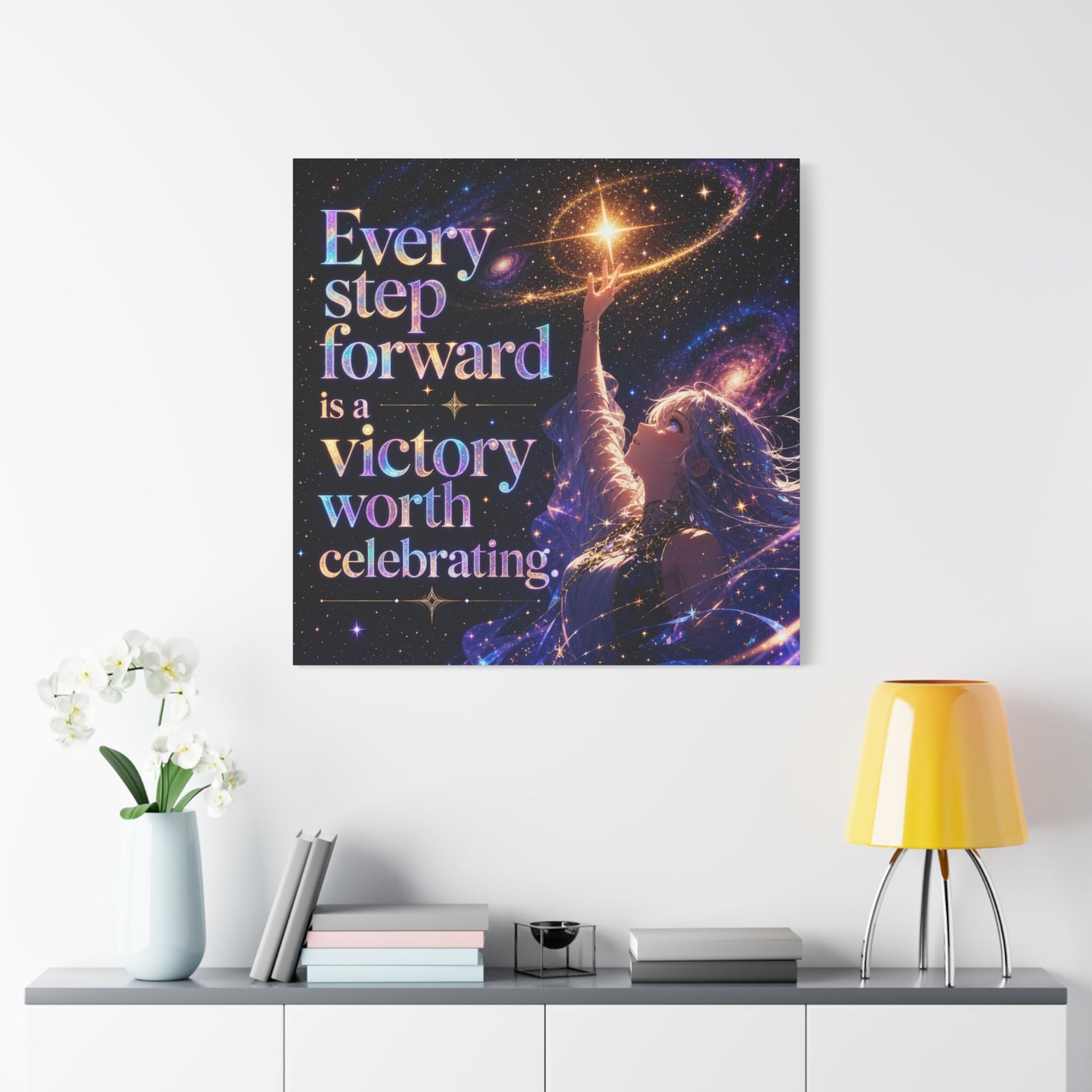"Every Step Forward Is A Victory Worth Celebrating" Inspirational Canvas Wall Art - Cosmic Anime Girl Galaxy Quote Print - Celestial Purple Blue Decor - Bedroom Home Decoration - Office Wall Art