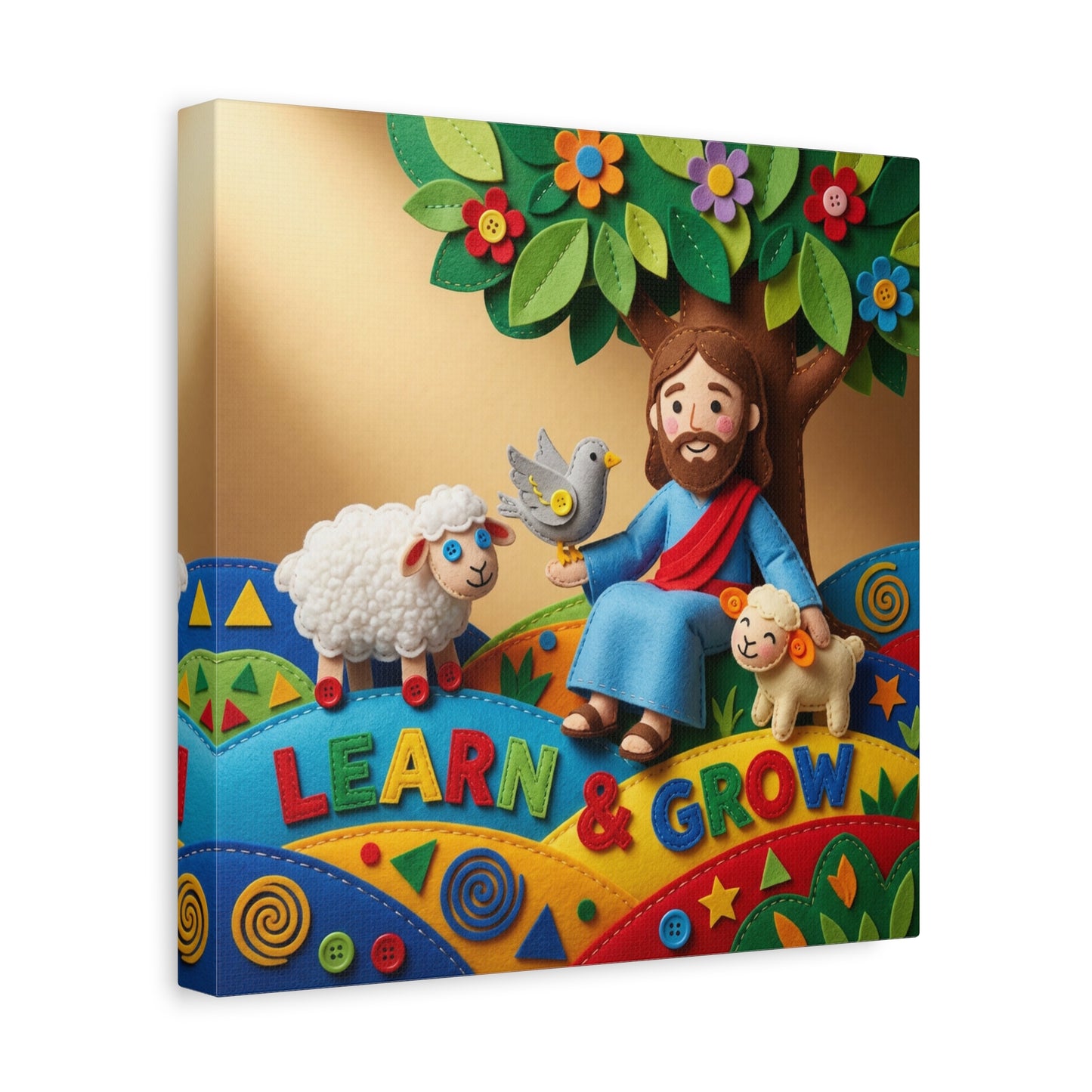 "Learn & Grow" Jesus Canvas Wall Art - Christian Nursery Decor, Lamb And Dove Under Tree - Colorful Felt Style Canvas Print - Kids Room Wall Hanging, Classroom Decoration - Ready to Hang