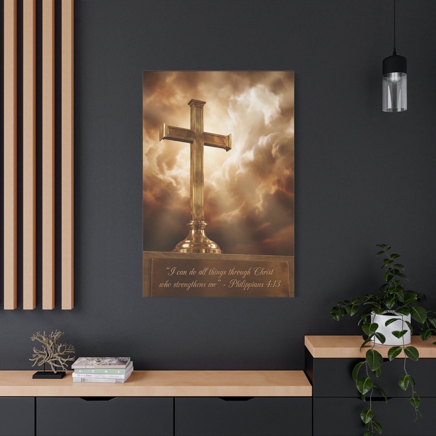 "I Can Do All Things Through Christ Who Strengthens Me" Christian Canvas Wall Art - Gold Cross, Philippians 4:13 Scripture Print - Traditional Faith Decor, Bedroom Living Room - Living Room Wall Decor