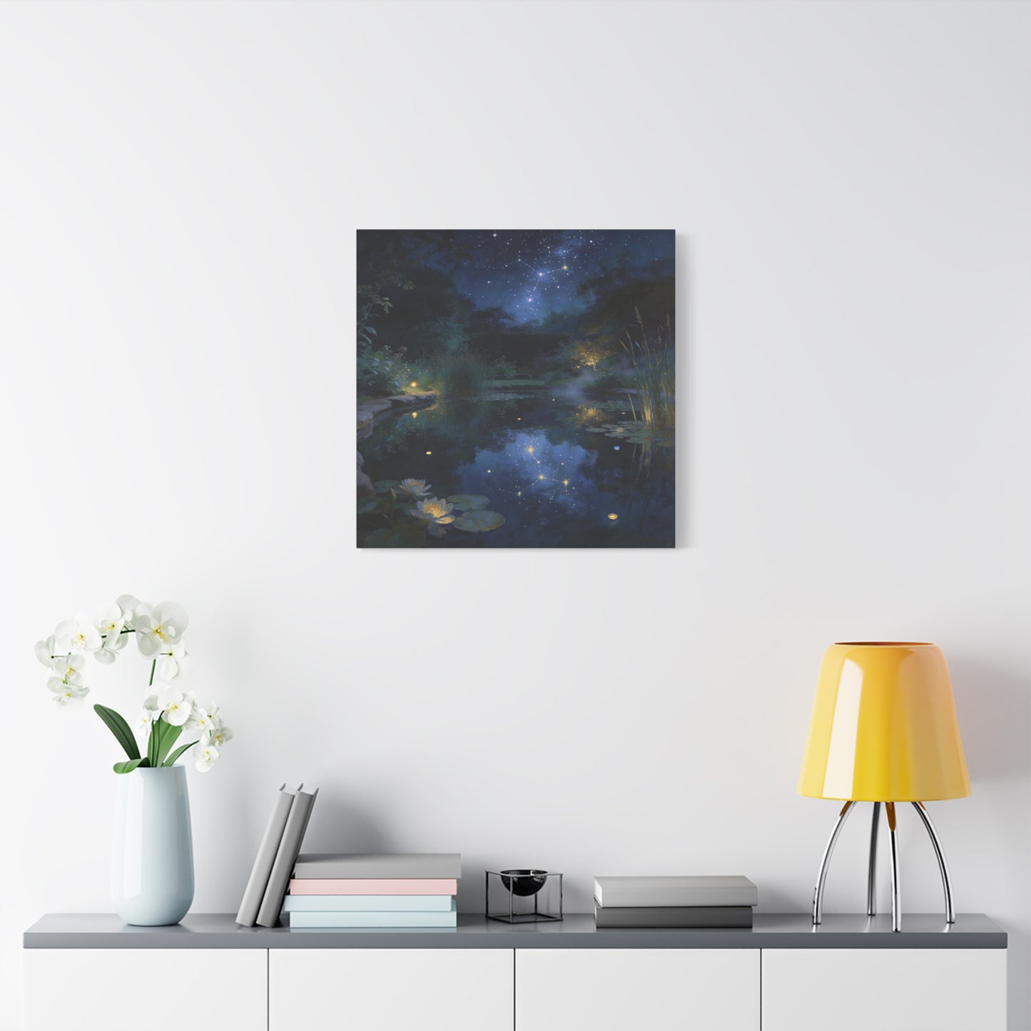 Starry Night Pond Canvas Wall Art - Moonlit Water Lilies, Celestial Reflection Landscape - Dreamy Matte Canvas Print - Traditional Nightscape Style - Living Room Wall Decor Bedroom Home Accent