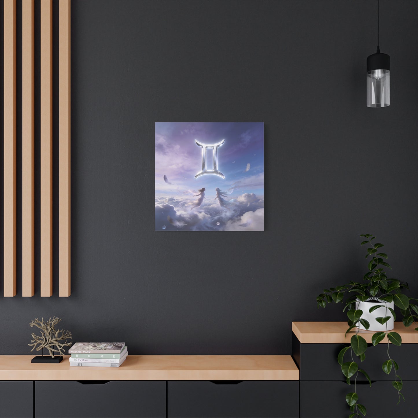 Gemini Zodiac Canvas Art Print - Glowing Twin Symbol, Ethereal Sky Illustration - Dreamy Celestial Typography Style - Cotton Canvas Decor For Bedroom, Living Space, Meditation Room - Office Wall Art