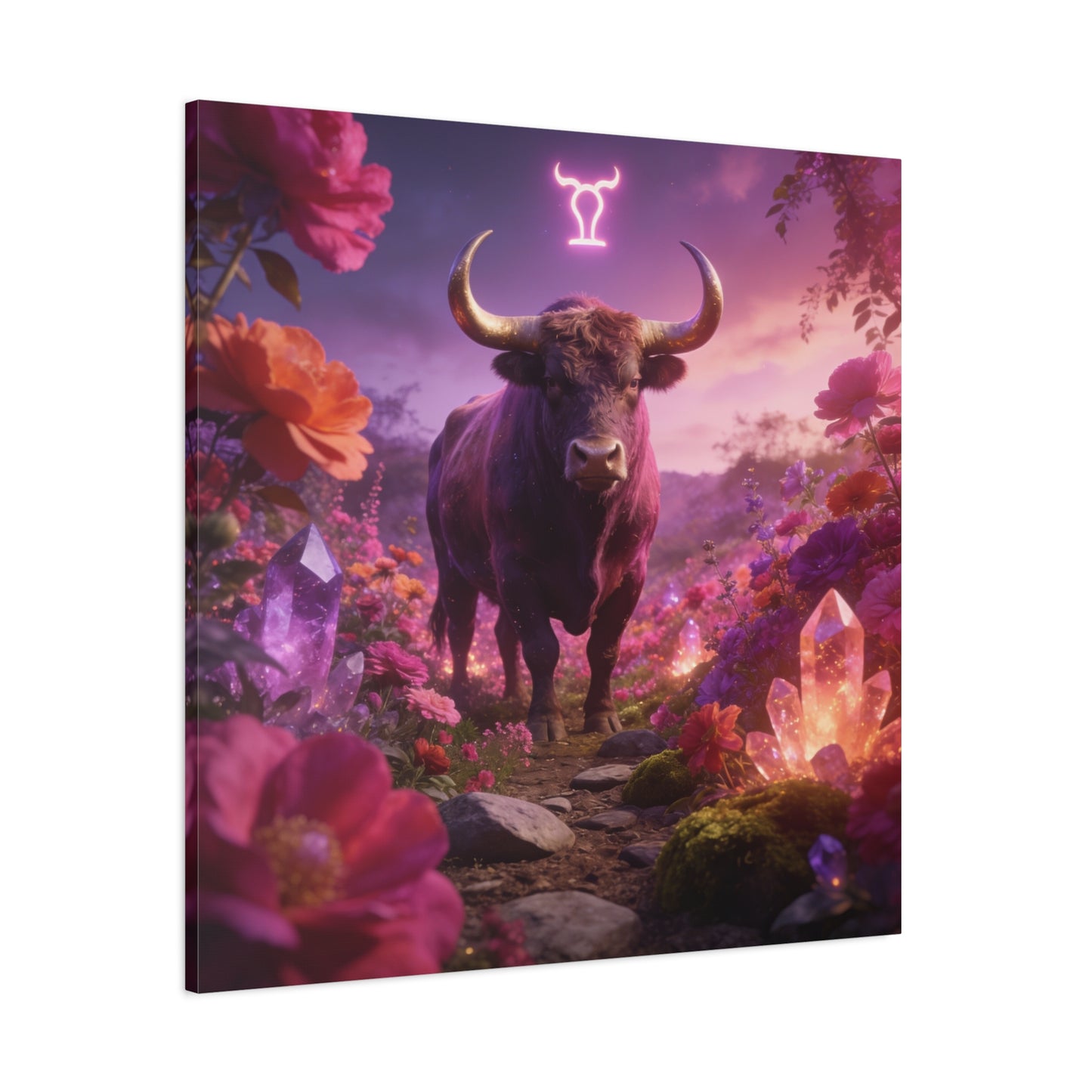 Taurus Zodiac Bull Canvas Wall Art - Neon Taurus Symbol, Floral Crystal Fantasy Print - Dreamy Purple Pink Celestial Decor - Bedroom Home Decoration, Bohemian Living Room Accent - Office Wall Art