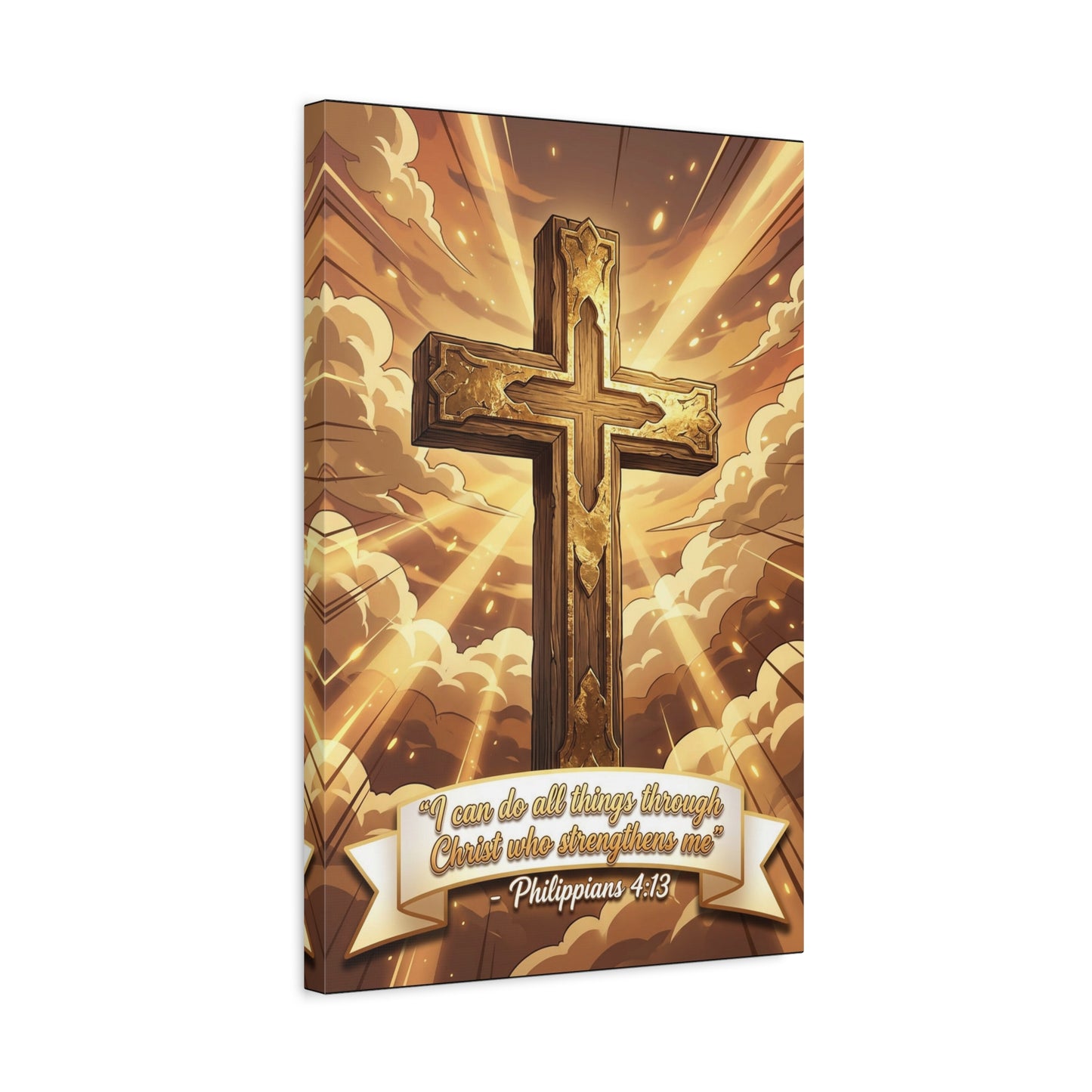 "I Can Do All Things Through Christ Who Strengthens Me" Cross Canvas Wall Art - Philippians 4:13 Scripture Decor, Golden Sky Christian Home Accent, Traditional Bedroom Living Room Decoration