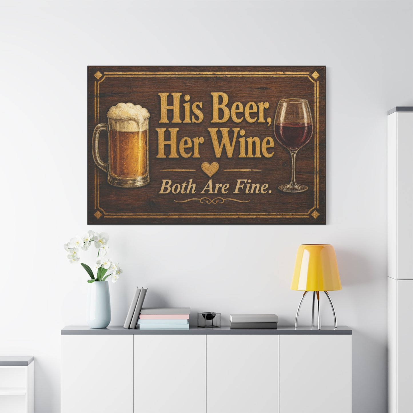 "His Beer, Her Wine Both Are Fine." Canvas Wall Art - Rustic Bar Sign, Beer Mug And Red Wine Glass Quote Print - Vintage Brown Wood Look Typography - Pub Wall Art - Cocktail Lounge Decor