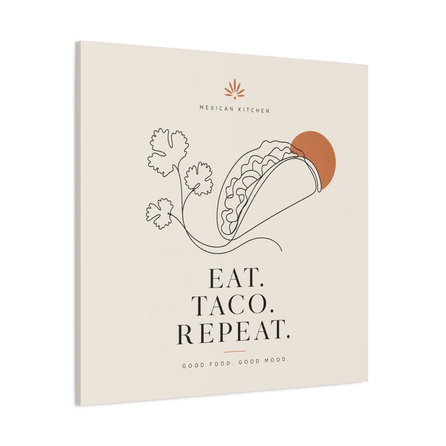 "Eat. Taco. Repeat." Mexican Kitchen Canvas Wall Art - Minimalist Taco Line Illustration, Terracotta Sun, Typography Print - Modern Kitchen Decor, Cafe Wall Decor, Dining Room Accent - Ready to Hang