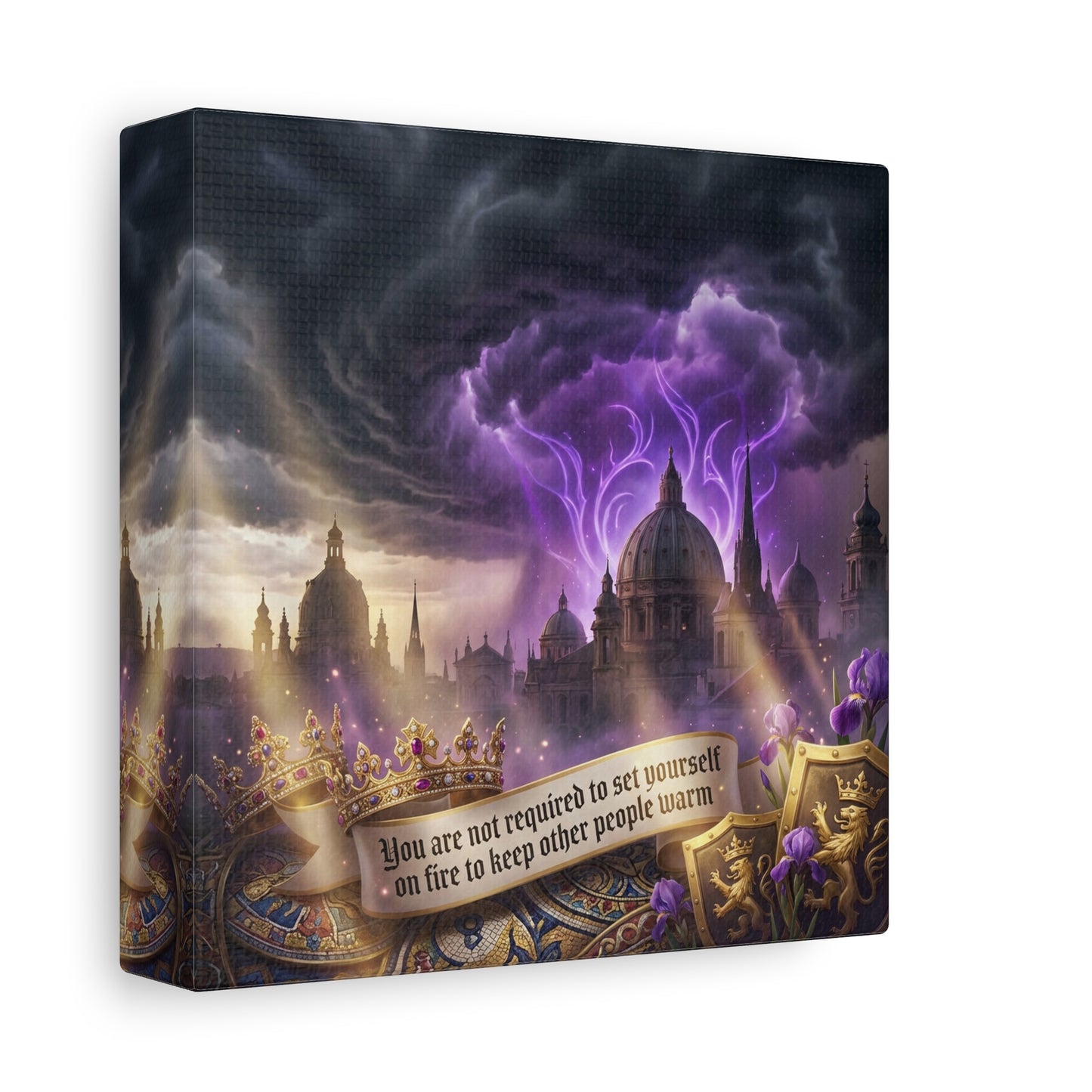 "You Are Not Required To Set Yourself On Fire" Canvas Wall Art - Gothic Castle Quote Decor, Purple Storm Sky, Crown And Iris Fantasy Print - Bedroom Home Decoration, Living Room Accent - Ready to Hang