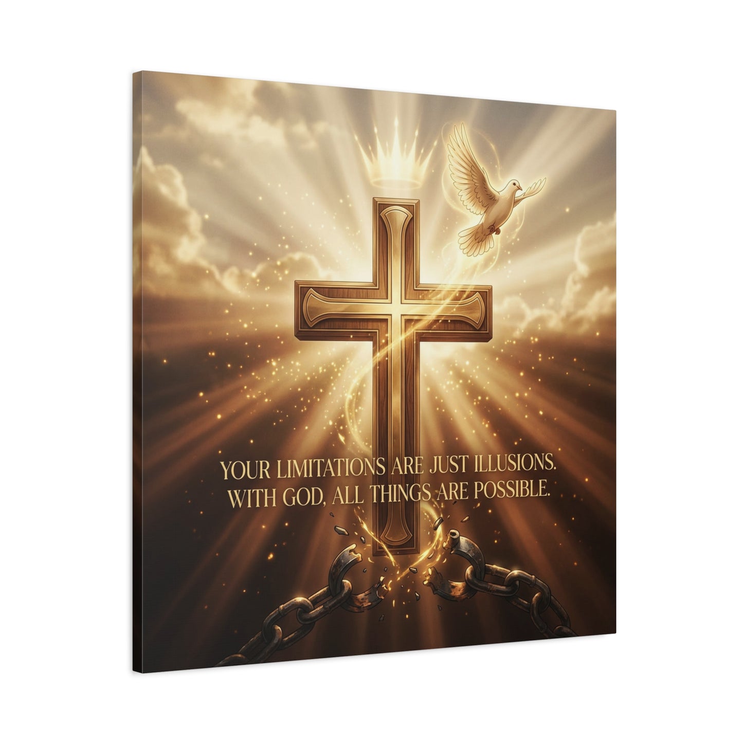 "Your Limitations Are Just Illusions. With God, All Things Are Possible." Christian Canvas Wall Art - Glowing Cross, White Dove, Crown, Broken Chains - Gold Religious Wall Decor For Living Room