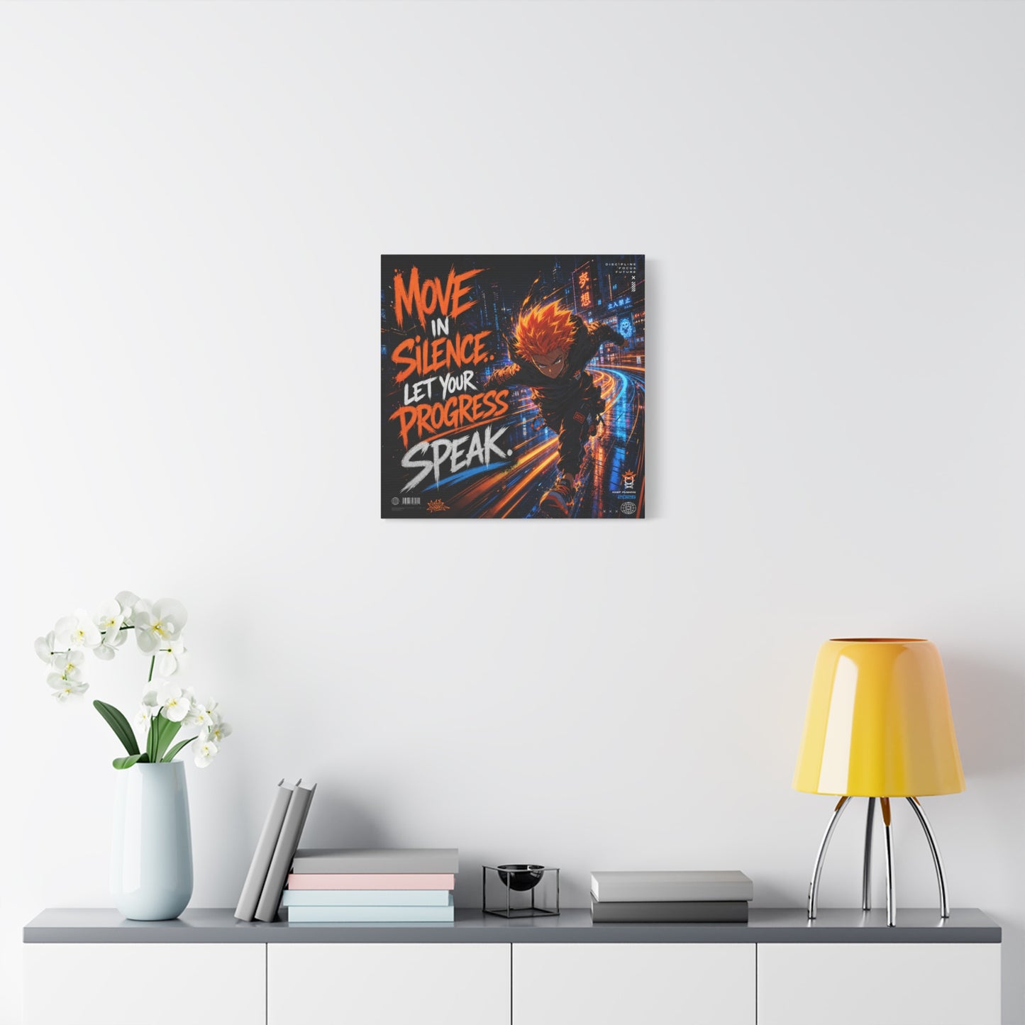 "Move In Silence Let Your Progress Speak" Anime Canvas Wall Art - Cyberpunk Runner Motivational Quote Print, Neon City Street Illustration - Teen Bedroom Decor, Home Office Accent - Office Wall Art