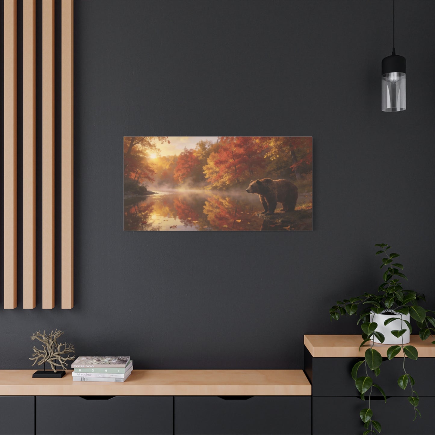 Brown Bear Canvas Wall Art - Autumn Forest River Sunrise Wildlife Print, Golden Mist Reflection, Matte Canvas Print, Rustic Lodge Style, Living Room Wall Decor Office Art - Bedroom Home Decoration