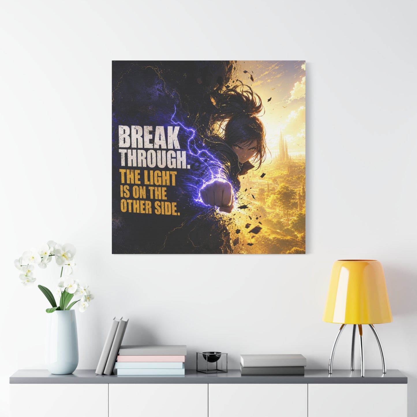 "Break Through. The Light Is On The Other Side." Anime Canvas Wall Art - Motivational Fantasy Girl Poster Print, Dramatic Gold Lightning, Contemporary Bedroom Decor, Teen Room Accent - Office Wall Art