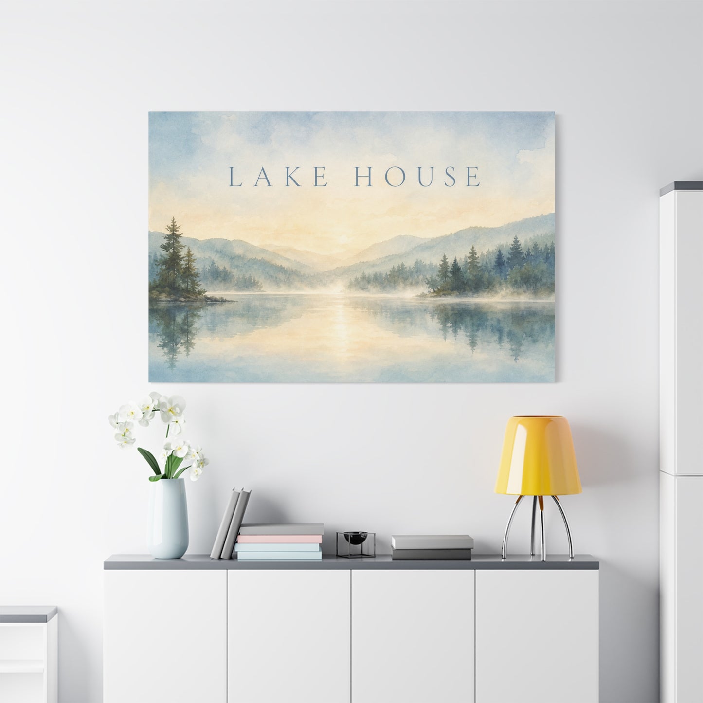 "Lake House" Canvas Wall Art - Misty Mountain Watercolor Landscape Print, Serene Cabin Decor, Rustic Retreat Wall Hanging, Bedroom Home Decoration, Entryway Accent, Vacation Rental Style