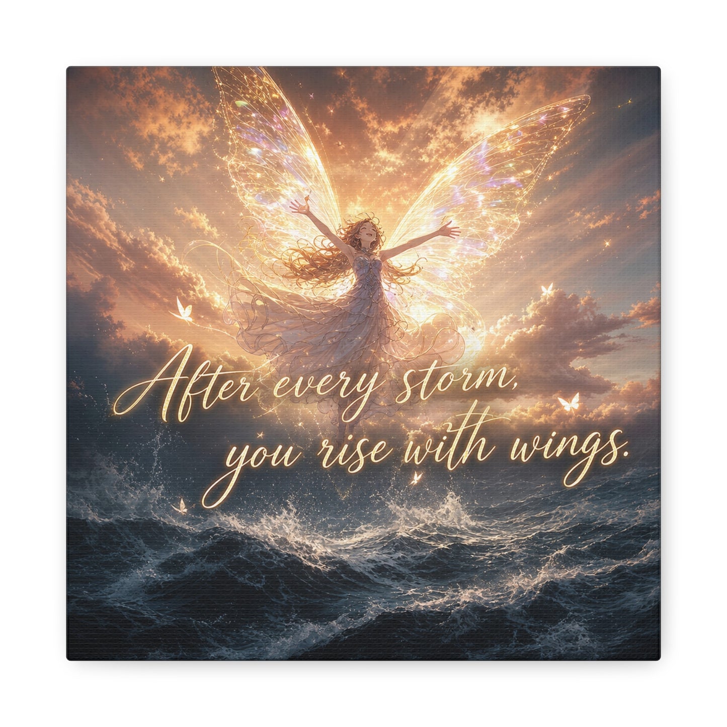 "After Every Storm, You Rise With Wings." Fairy Canvas Wall Art - Inspirational Ocean Sky Quote Print - Golden Ethereal Fantasy Decor - Bedroom Wall Hanging, Living Room Accent - Ready to Hang