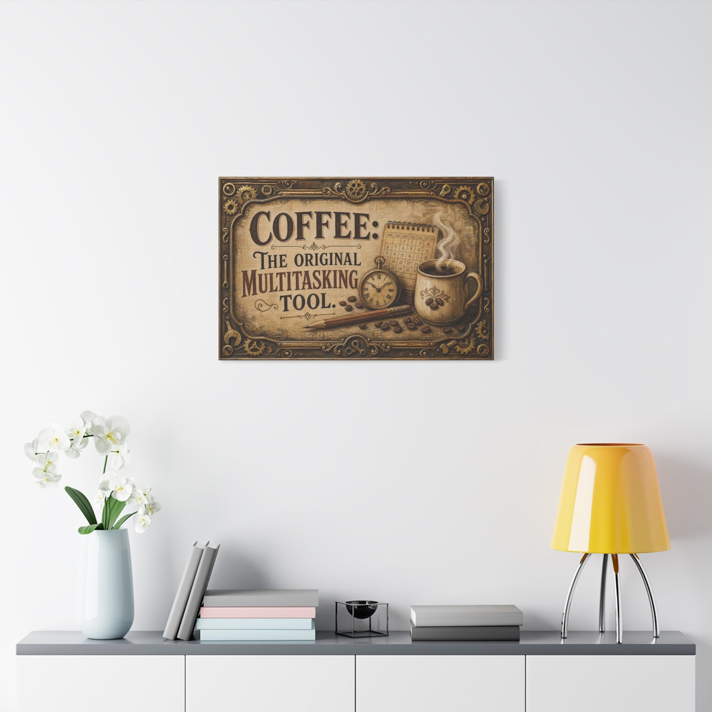 "Coffee: The Original Multitasking Tool." Canvas Wall Art - Vintage Coffee Cup Quote Print, Rustic Wall Decor, Steampunk Style, Cafe Accent - Ready to Hang - Bistro Decor - Espresso Bar Sign