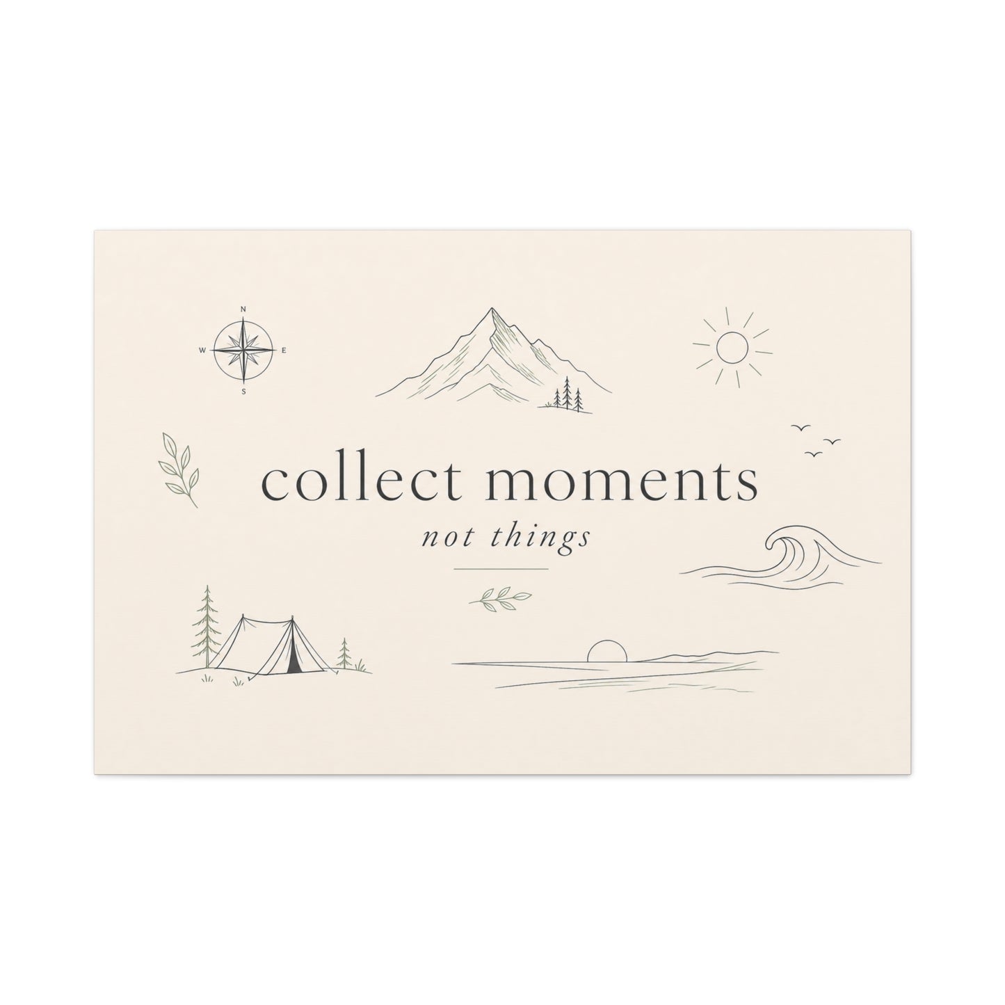 "Collect Moments Not Things" Minimalist Canvas Wall Art - Mountain, Compass, Wave Line Drawing - Neutral Typography Print - Boho Modern Wall Decor For Living Room, Bedroom, Office Accent