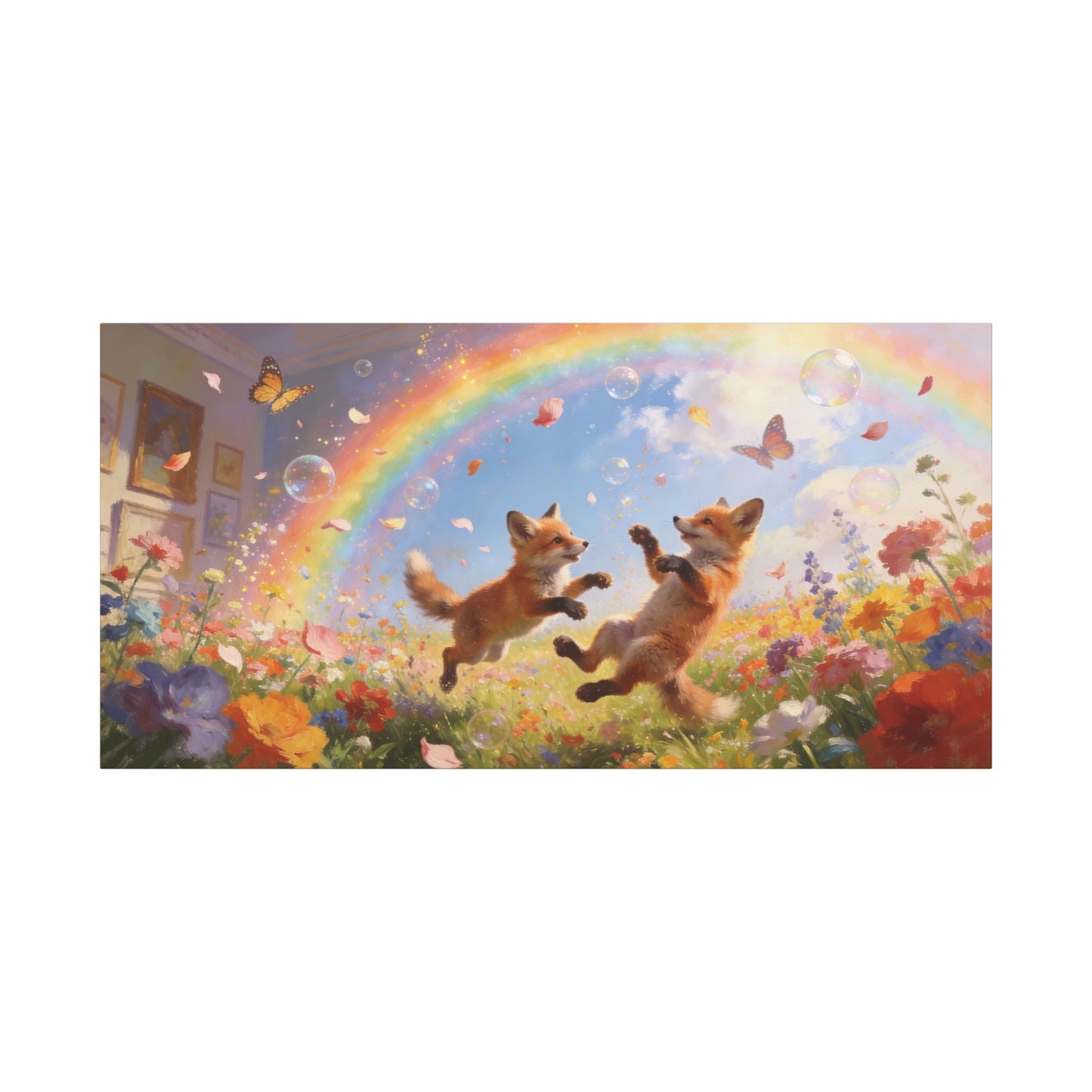 Fox Cub Canvas Wall Art - Whimsical Rainbow Meadow Painting, Butterflies And Wildflowers - Matte Canvas Print - Bohemian Nursery Wall Hanging, Bedroom Home Decoration Accent - Bedroom Home Decoration