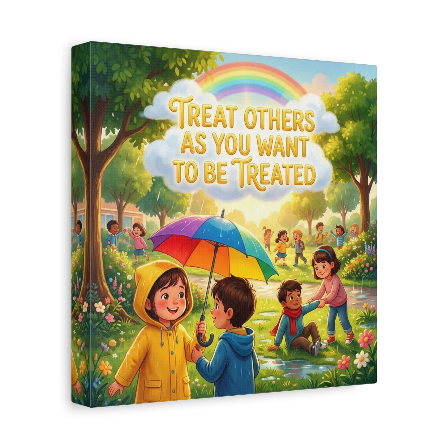 "Treat Others As You Want To Be Treated" Kids Canvas Wall Art - Rainbow Umbrella Kindness Quote Print - Colorful Classroom Decor - Nursery Playroom Bedroom Home Decoration - Bohemian Wall Hanging