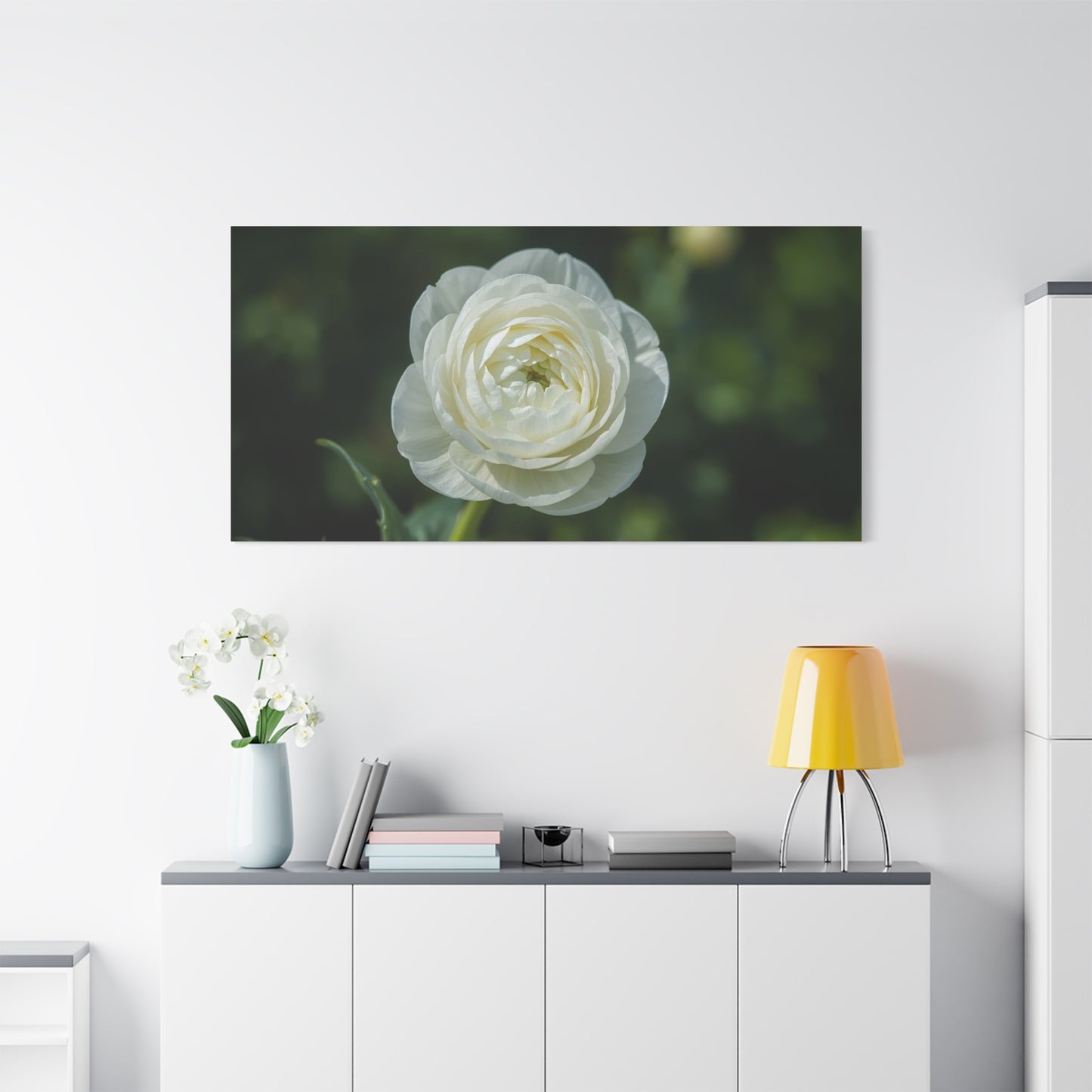 White Ranunculus Flower Canvas Wall Art - Botanical Floral Art Print - Soft Green Background, Matte Cotton Decor - Bedroom Wall Hanging, Bathroom Accent, Spa Style - Bedroom Home Decoration