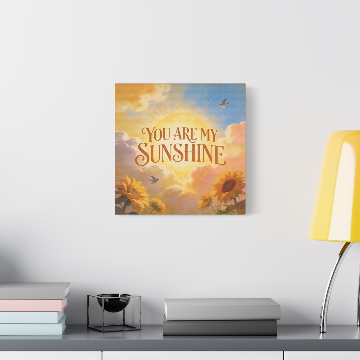 "You Are My Sunshine" Sunflower Canvas Wall Art - Vintage Typography Sky, Birds - Inspirational Farmhouse Style - Living Room Wall Decor, Bedroom Home Decoration, Office Art Accent - Ready to Hang