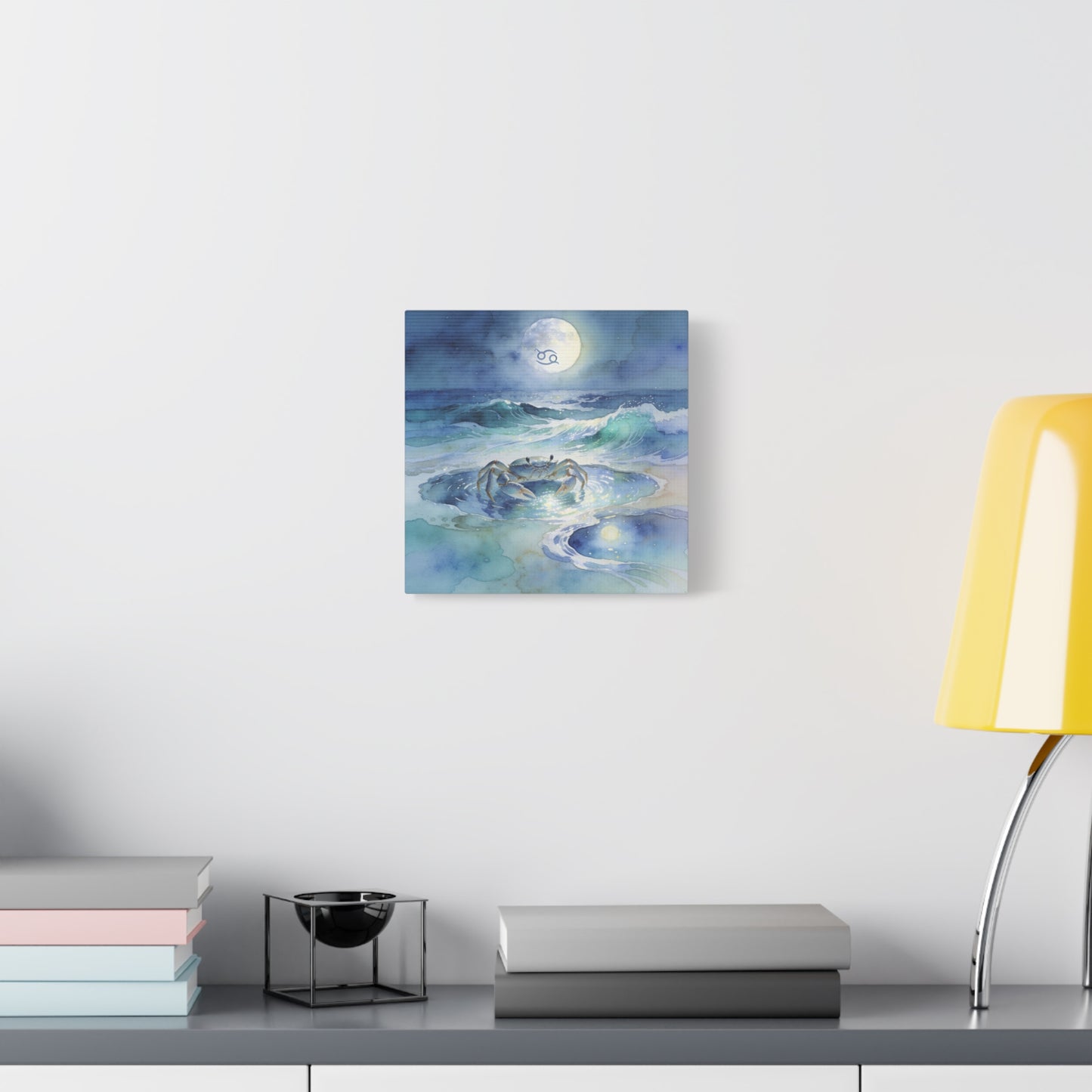 Cancer Zodiac Canvas Wall Art - Moonlit Ocean Crab Watercolor Print, Coastal Astrology Decor - Serene Blue Seascape - Bedroom Wall Decor, Meditation Space Accent, Bohemian Style - Ready to Hang