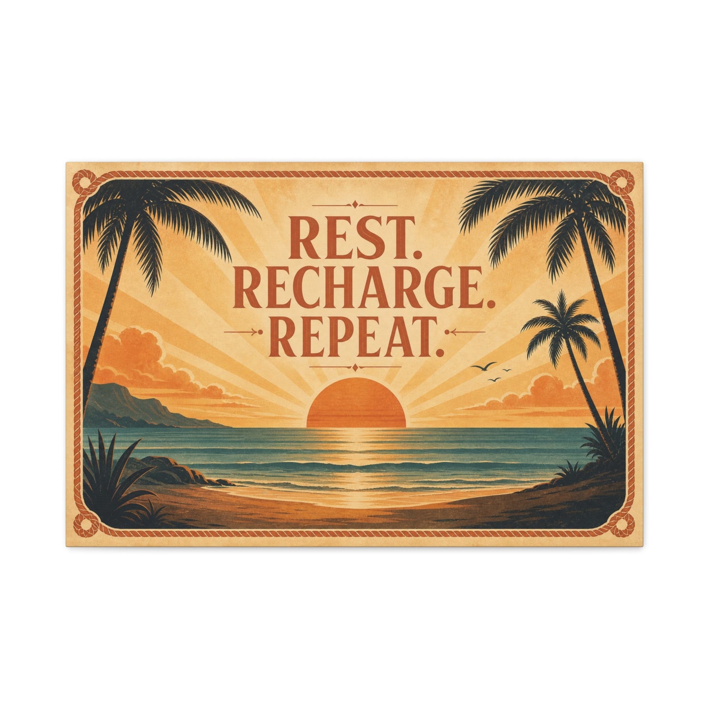 "Rest. Recharge. Repeat." Tropical Beach Sunset Canvas Wall Art - Vintage Coastal Typography, Retro Palm Tree Ocean Scene, Living Room Wall Decor, Bedroom Home Decoration - Bedroom Home Decoration
