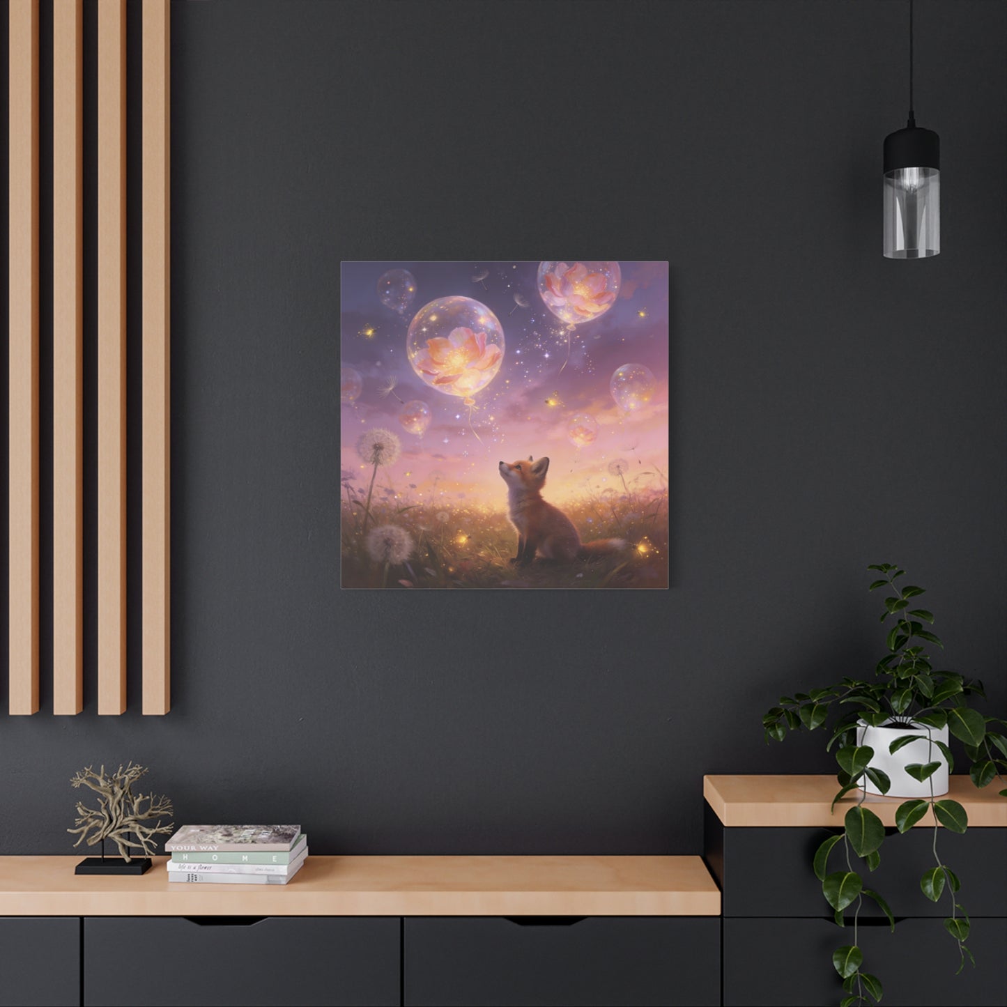 Fox Canvas Wall Art - Whimsical Fox Under Floral Balloons, Dreamy Twilight Meadow Canvas Print - Pastel Fantasy Style, Living Room Wall Decor, Bedroom Home Decoration - Bedroom Home Decoration