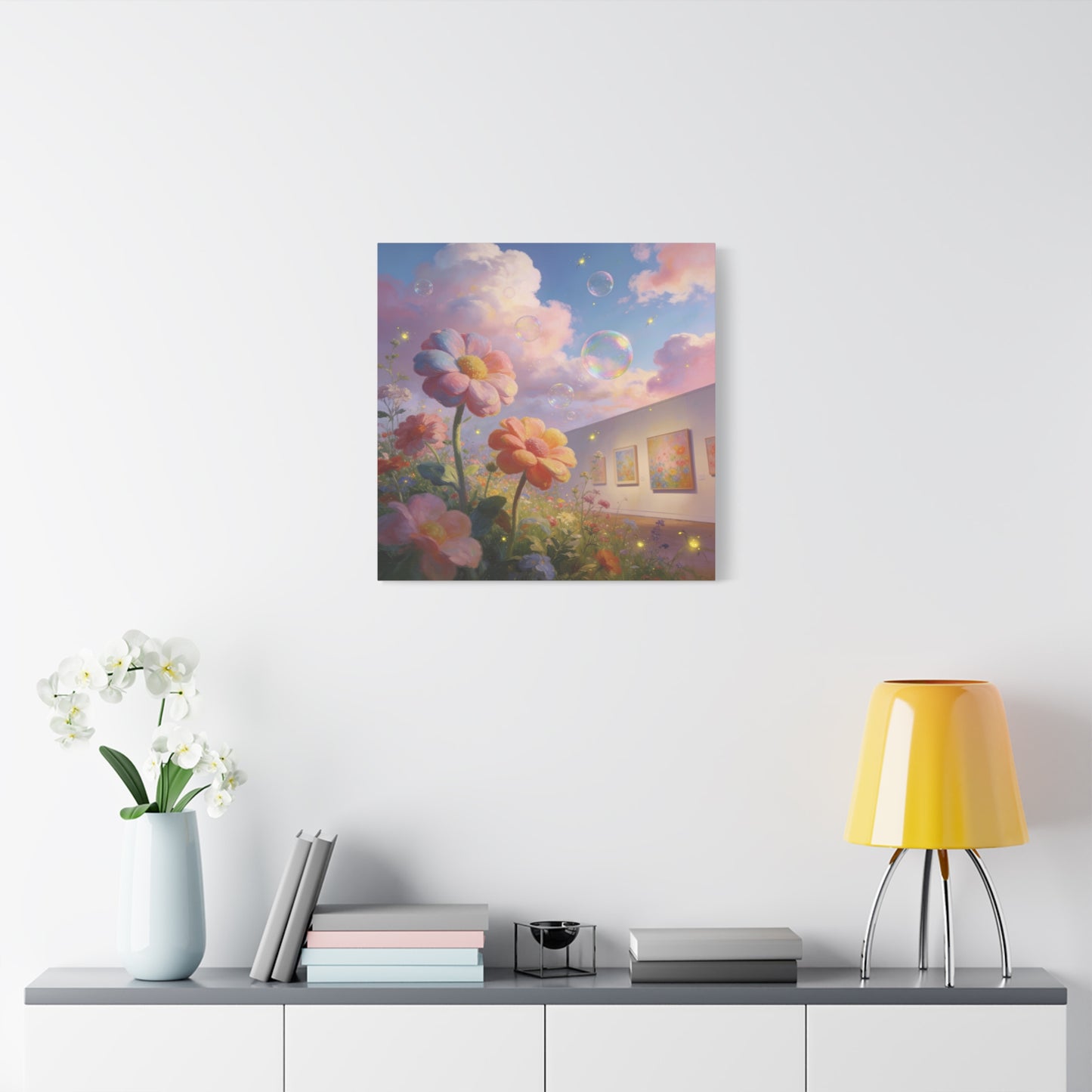 Dreamy Floral Canvas Wall Art - Pastel Wildflower Sky With Iridescent Bubbles, Firefly Glow - Whimsical Matte Canvas Print - Contemporary Bedroom Wall Decor, Living Room Accent - Cozy Reading Nook Art