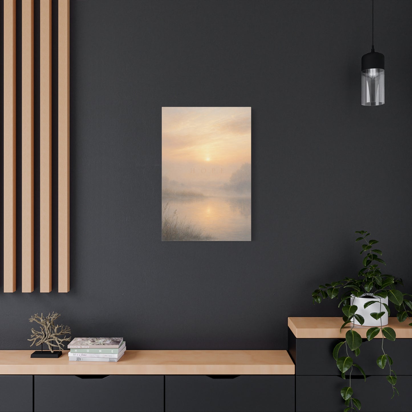 "Hope" Misty Sunrise Lake Canvas Wall Art - Serene Landscape Print, Inspirational Bedroom Wall Decor, Soft Neutral Home Decoration, Contemporary Meditation Space Accent - Bedroom Home Decoration
