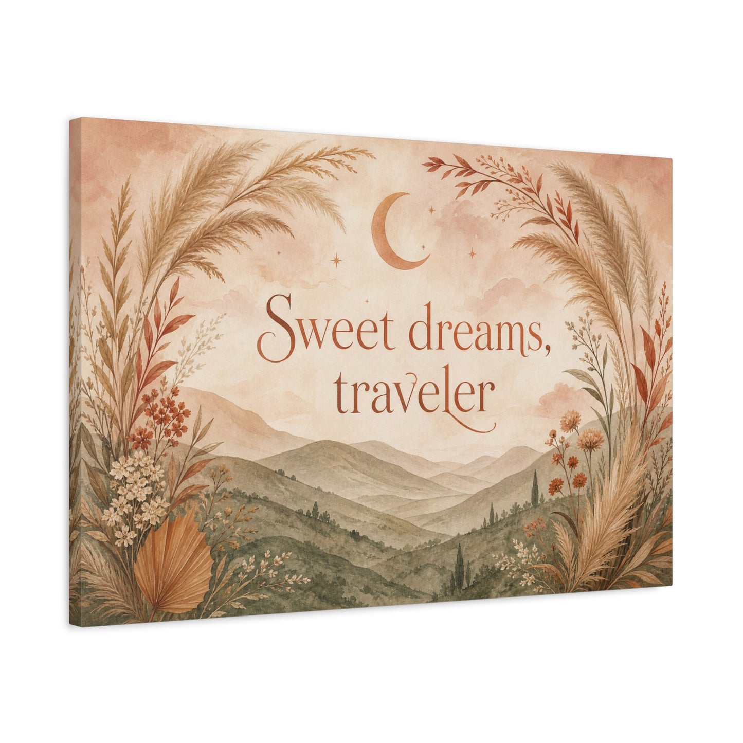 "Sweet Dreams, Traveler" Canvas Wall Art - Boho Moon Mountain Landscape Print - Neutral Botanical Bedroom Decor - Rustic Contemporary Wall Hanging - Ready to Hang - Bedroom Home Decoration